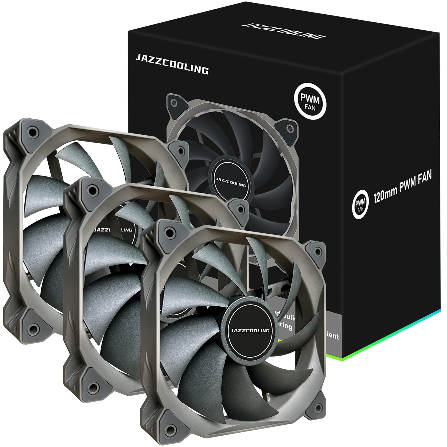 JAZZCOOLING 120mm Case Fan pc Fans 3 Pack HC-120 Series，High Performance PWM pc case Fans，120mm Fan with FDB Bering – Low Noise Computer Fans for PC Case