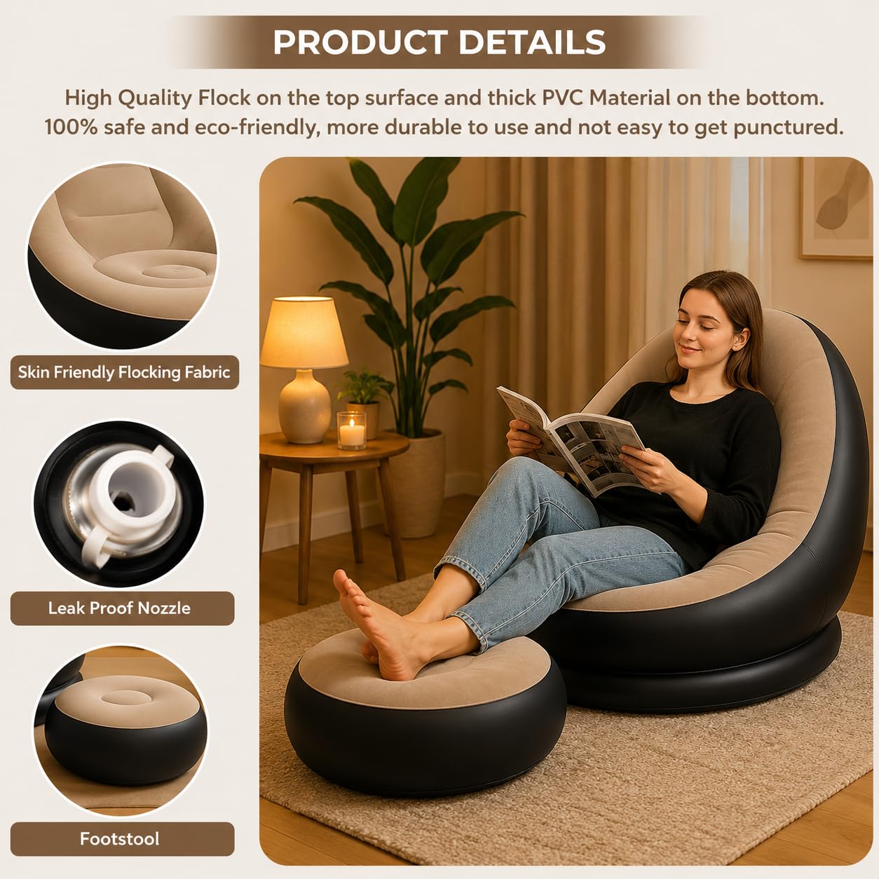 DTR Creation Inflatable Lounge Chair for Adults with Ottoman, Foldable Air Sofa Couch, Portable Blow Up Chair for Living Room Bedroom, Comfortable Indoor Seating, 150 kg Capacity (Beige) 1