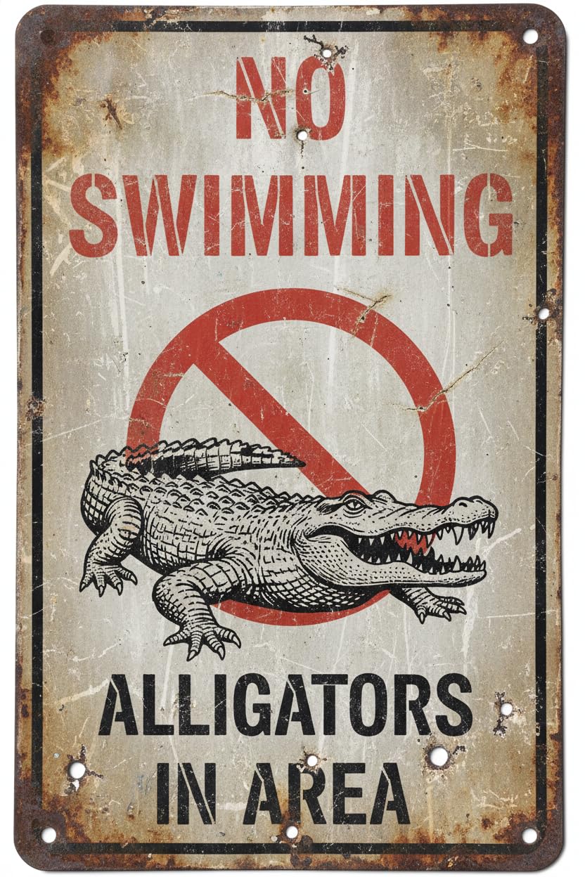 Wall Decor No Swimming Alligators In Area Sign. 8x12Inch Aluminum Vintage Signs Plates Printed