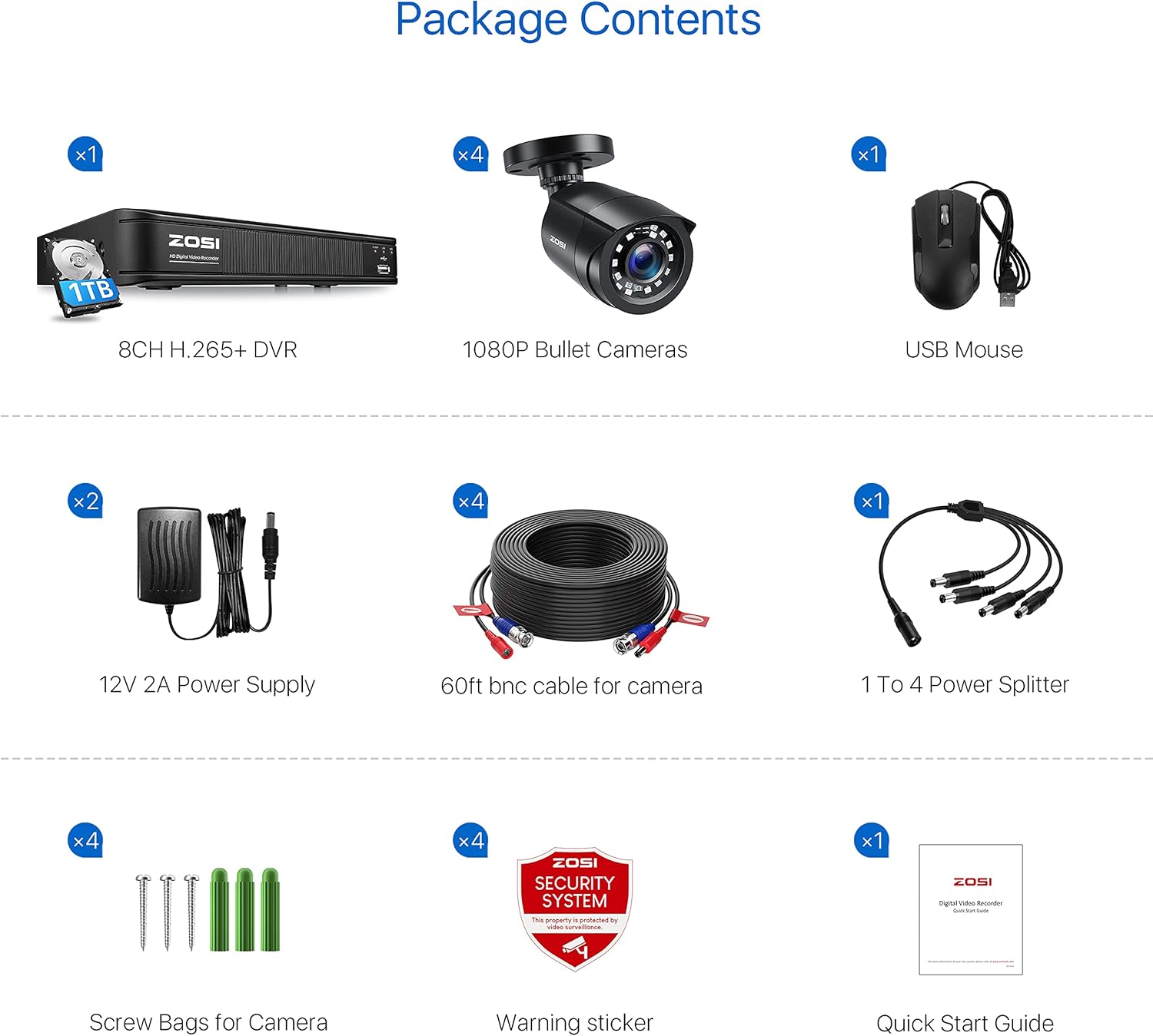 Greatest Product ZOSI H.265+1080p Home Security Camera System,8 Channel 5MP-Lite CCTV DVR with Hard Drive 1TB and 4 x 1080p Weatherproof Surveillance Bullet Camera Outdoor Indoor with 80ft Night Vision, Motion Alerts