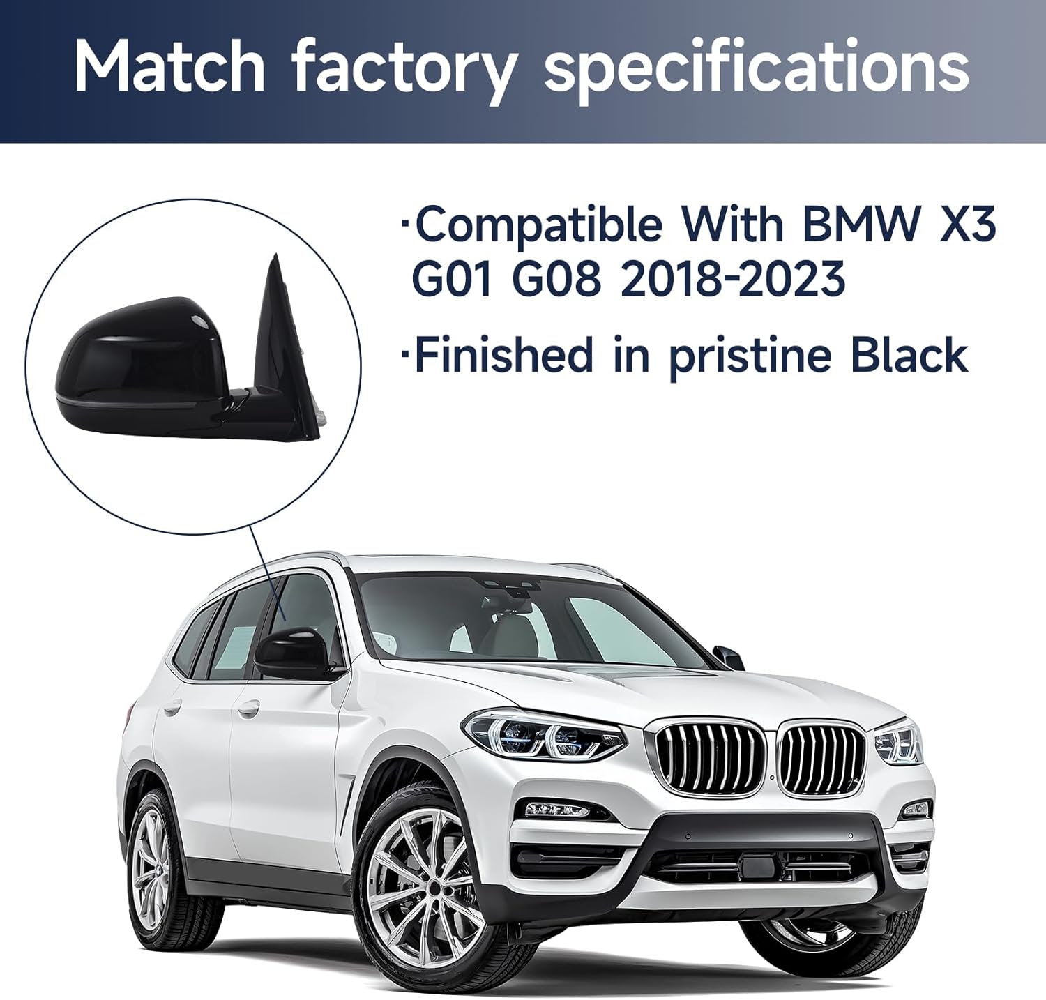 Passenger Side View Mirror Assembly Compatible with BMW X3 G01 G08 2018 2019 2020 2021 2022 2023 2.0L 3.0L w/Blind Spot Turn Signal Heated Power Foldable Black 51168491670
