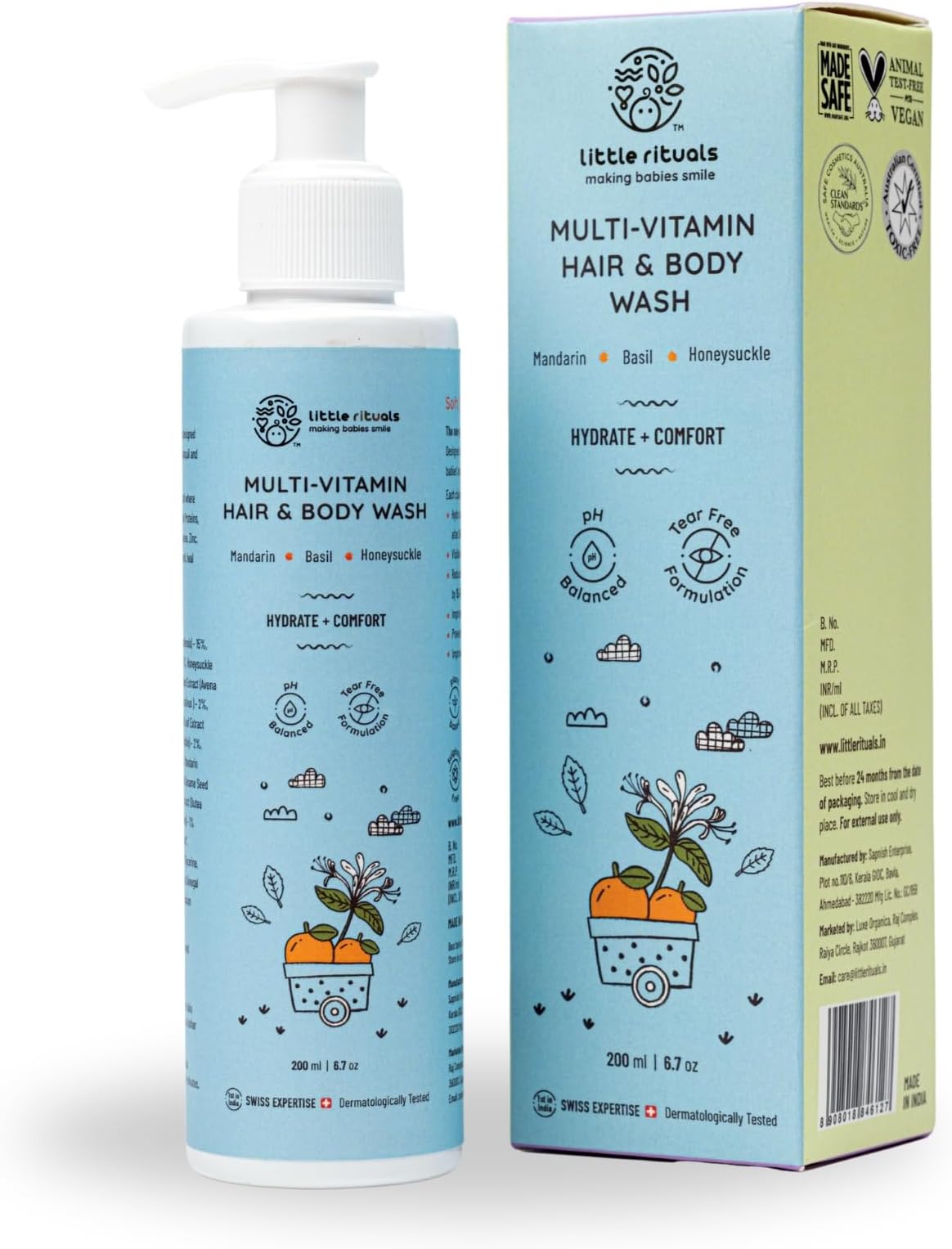 Baby Multi-Vitamin Body & Hair Wash - Tear Free + pH 5.5. Formulated with Best Plant Botanical - Honeysuckle, Basil, Mandarin. Natural, Organic, Dermat Tested(200ml)