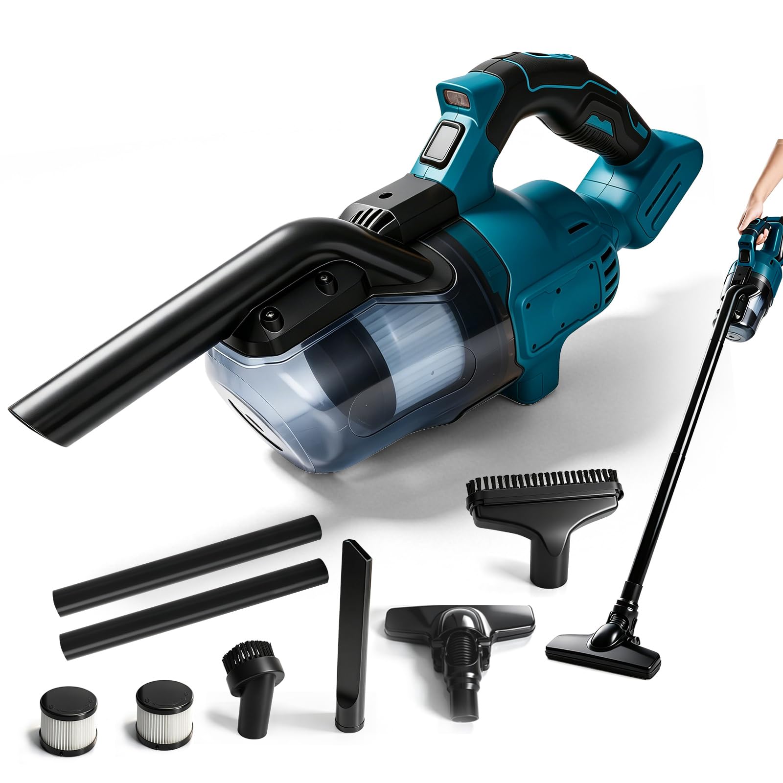 Aspirador de mano inalámbrico compatible con Makita 18 V, 16000 Pa, con 4 boquillas y depósito de polvo de 0,75 litros para suelos duros, alfombras, pelo de mascotas y coches.