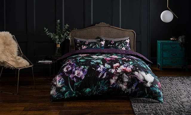 Sleepdown Opulent Floral Black Purple Reversible Soft Cosy 100% Cotton Duvet Cover Quilt Bedding Set With Pillowcases - Double (200cm x 200cm)