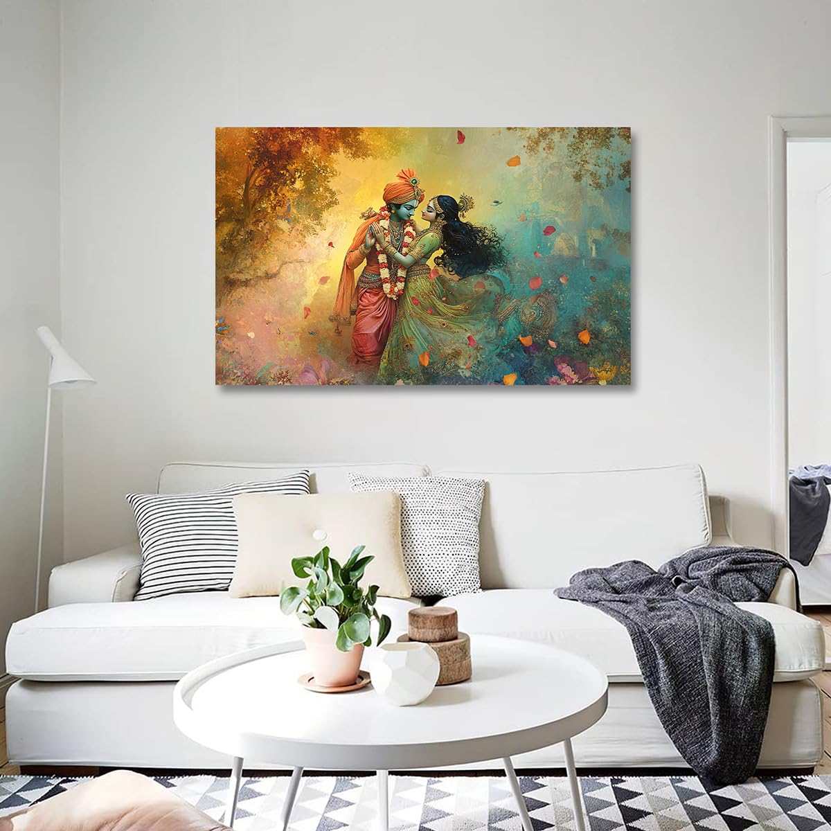 7 Colours Decors Canvas Painting Wall Frame | Radha Krishna Romantic Embrace | Divine Artwork with Swirling Colors, Falling Petals, and Floral Aura | Vibrant Spiritual Wall Art for Living Room and Office (36x24 Inches)-image-14