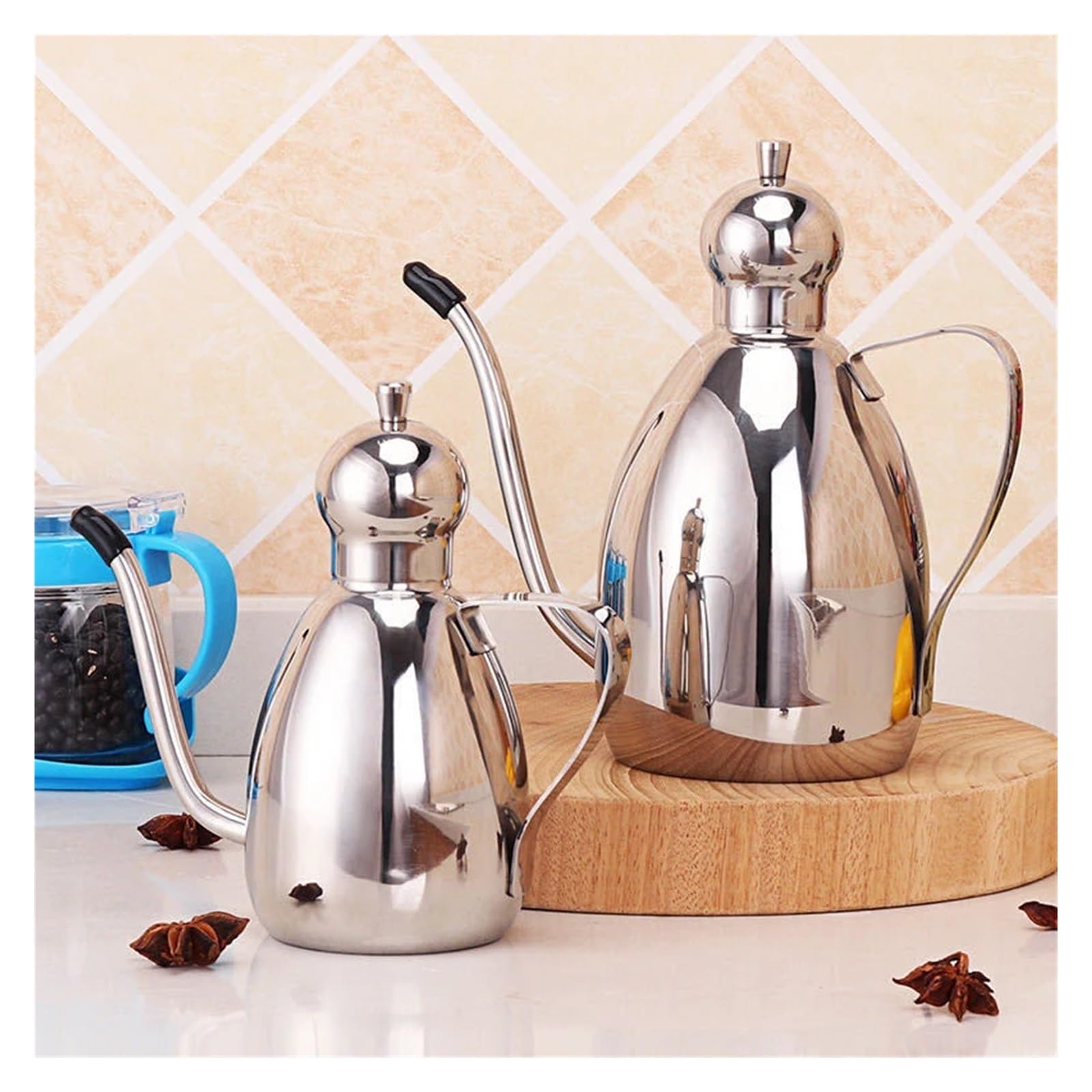 Lata de aceite tipo tambor de acero inoxidable con tapa, 350/500/1000ml | Recipiente para condimentos y salsa de soja, 65x133x155 a 100x220x205mm(Silver-350ml)
