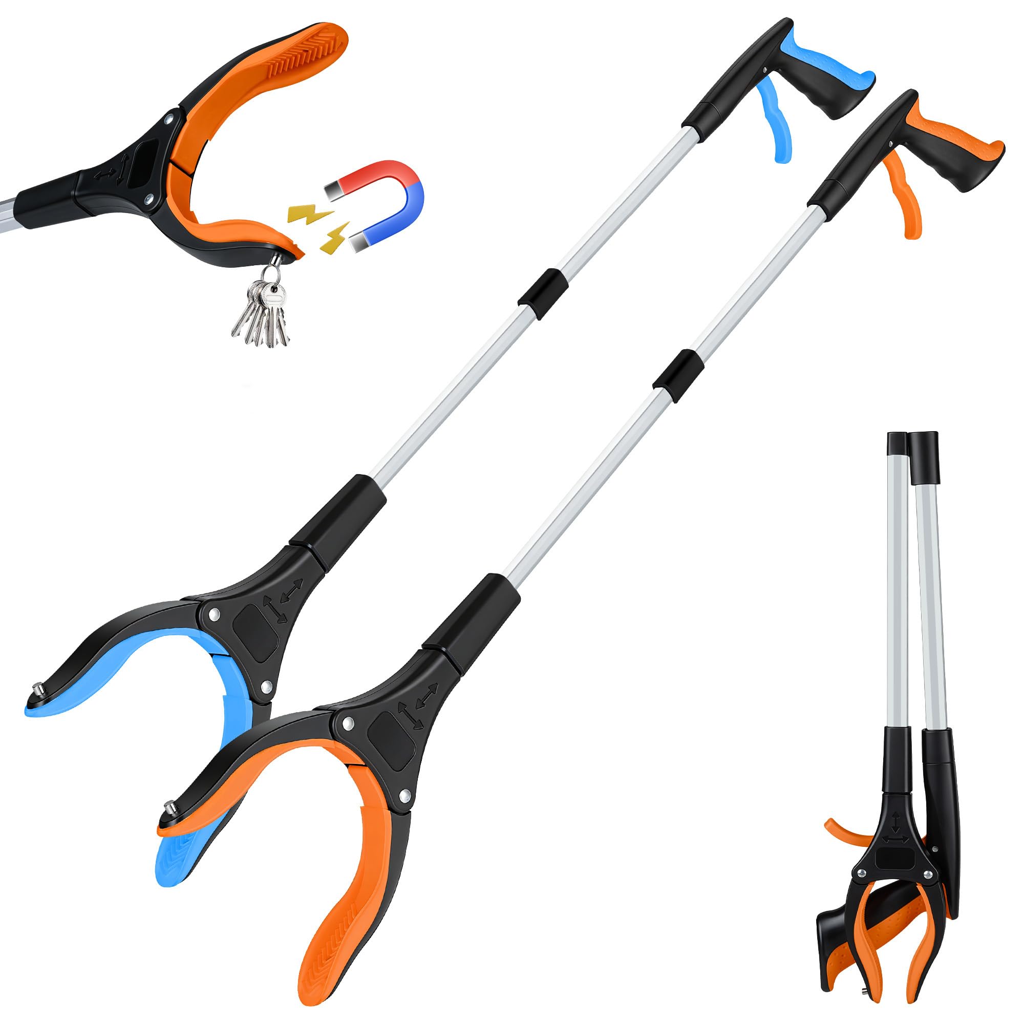 bemece 2 Stück Greifzange für Senioren mit Magnet, 83cm Müllzange mit 360° Drehbarer Kopf, Faltbare Greifer für Senioren, Gartenarbeit und Behinderung (Orange+ Blau)
