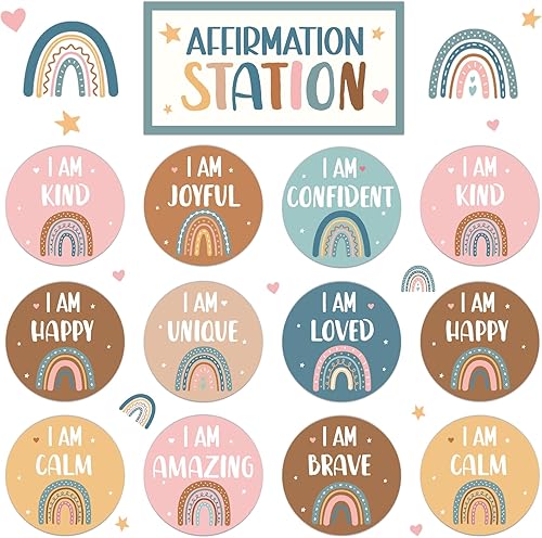 Miniatura 13 de Affirmation Station - Juego de tablones de anuncios de composición positiva para el aula, mentalidad de crecimiento, decoración de lunares y rayas,