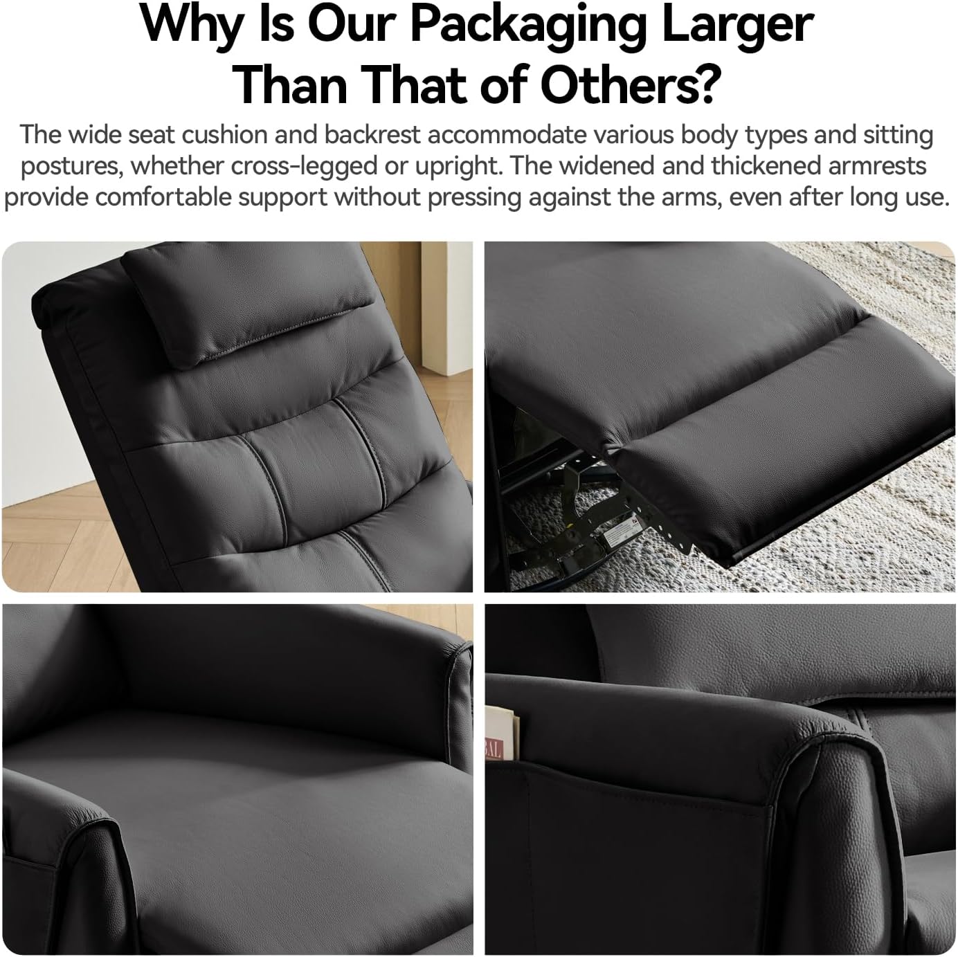 AIRSKY Leather Recliner Chair, Top Grain Leather, Italian Water-Washing Process, Glider Rocking Chair,Swivel Rocker Recliner, Movable Headrest,Nursery Rocking Chairs, Single Reclining Chair, Black,R3