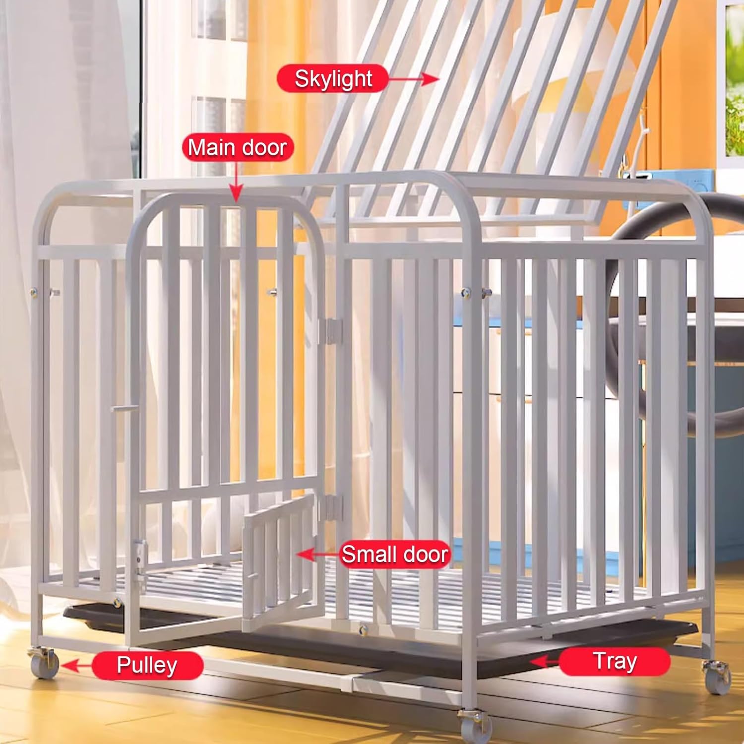 Heavy Duty Dog Kennel Indoor, Large Pet Crate with Wheels, Removable Tray, Durable Dog Cage for Large & Medium Dogs (Black, 54x38x51cm)