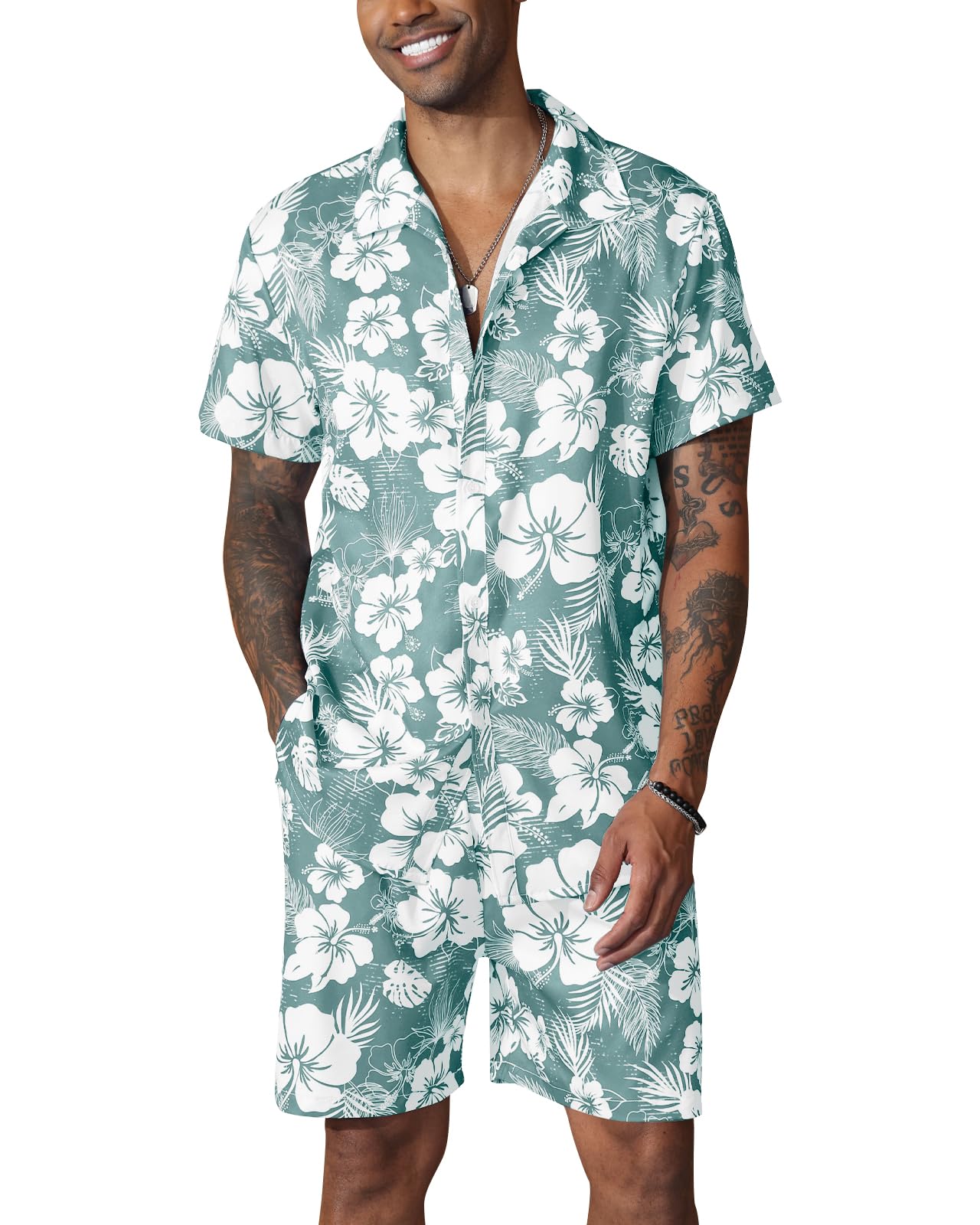 Fastkoala Hombre Hawaianos Chándales Set Conjuntos Trajes de Verano Chándal Playa Tropicales flores Estampado