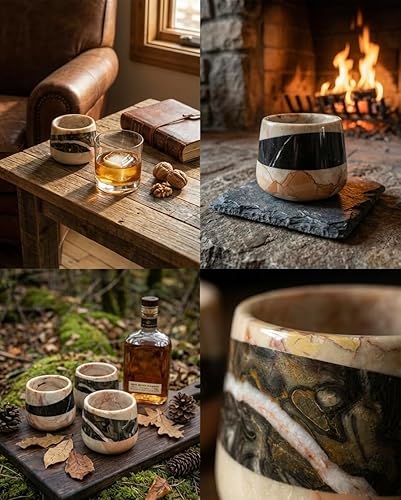 Miniatura 3 de Vaso de mármol hecho a mano de piedra natural de 10 onzas para whisky, cócteles, café, té, agua o jugo, bicolor beige y negro, elegante y duradero