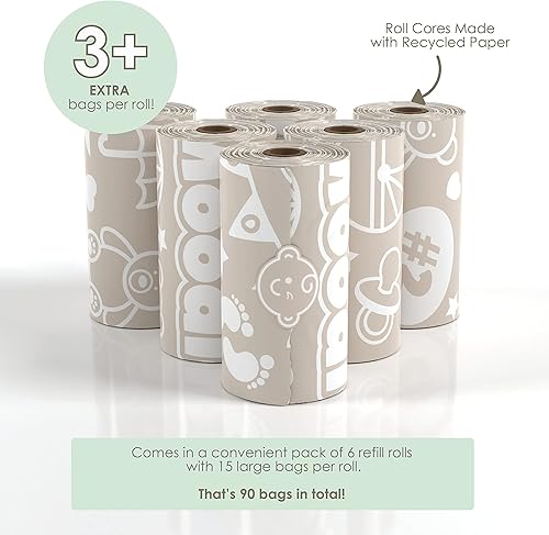 Miniatura 5 de Bolsas de pañales desechables para bebé (90 bolsas en total)  Bolsas de pañales desechables sin aroma (6 rollos de recambio de 9 x 13 pulgadas)