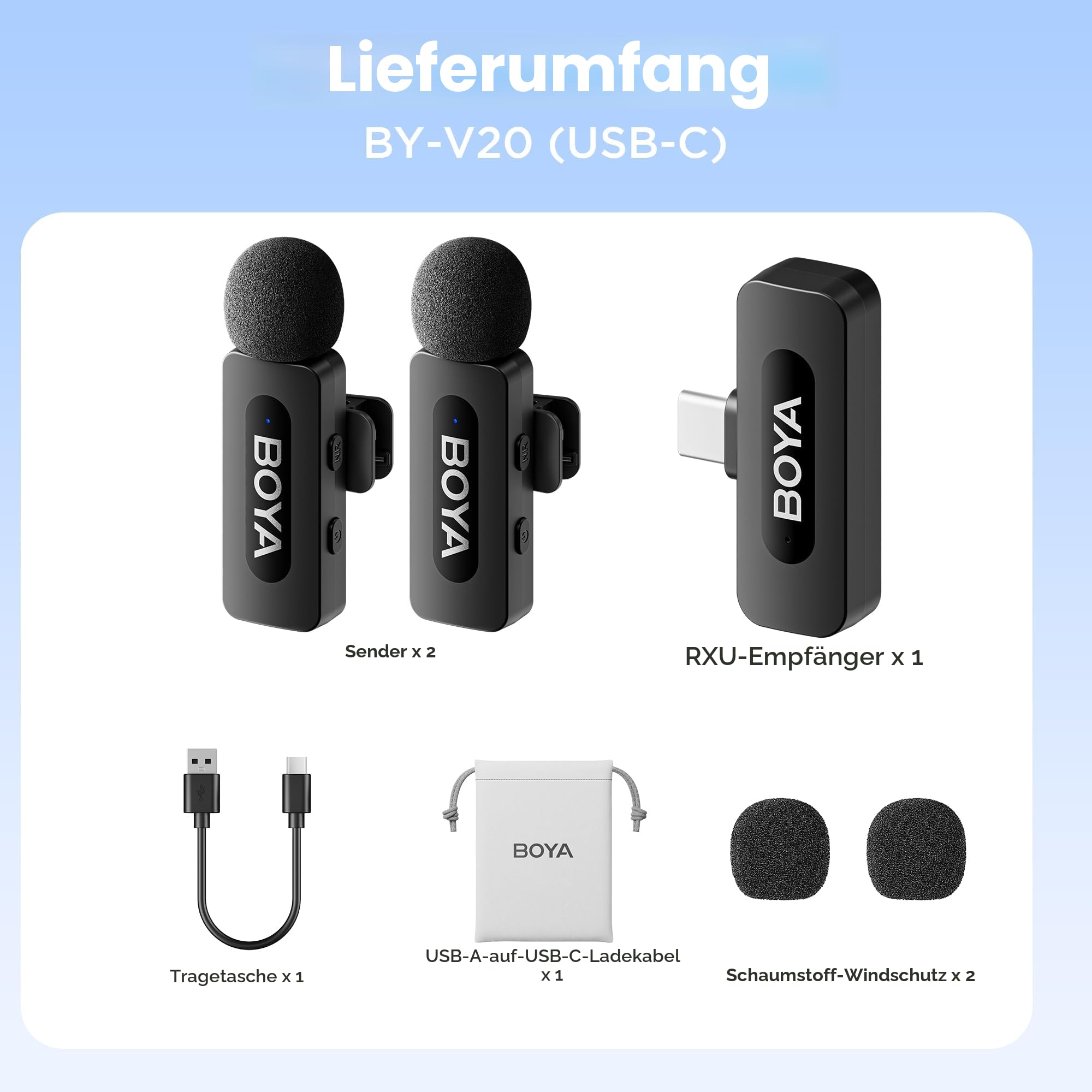 BOYA BY-V20 USB-C kabellos Mikrofon Handy, Mini Ansteckmikrofon mit Android Typ-C Smartphone iPhone 15/16, 100m Reichweite, für YouTube, Podcast, Facebook, Vlogging Aufnahmen Interview