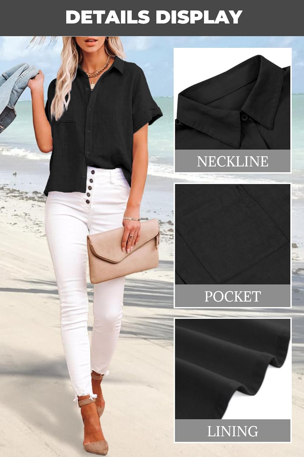 Womens Cotton Linen Button Down Shirts Short Sleeve Dress Shirts Casual Summer Tops Blouses with Pockets - Image 5