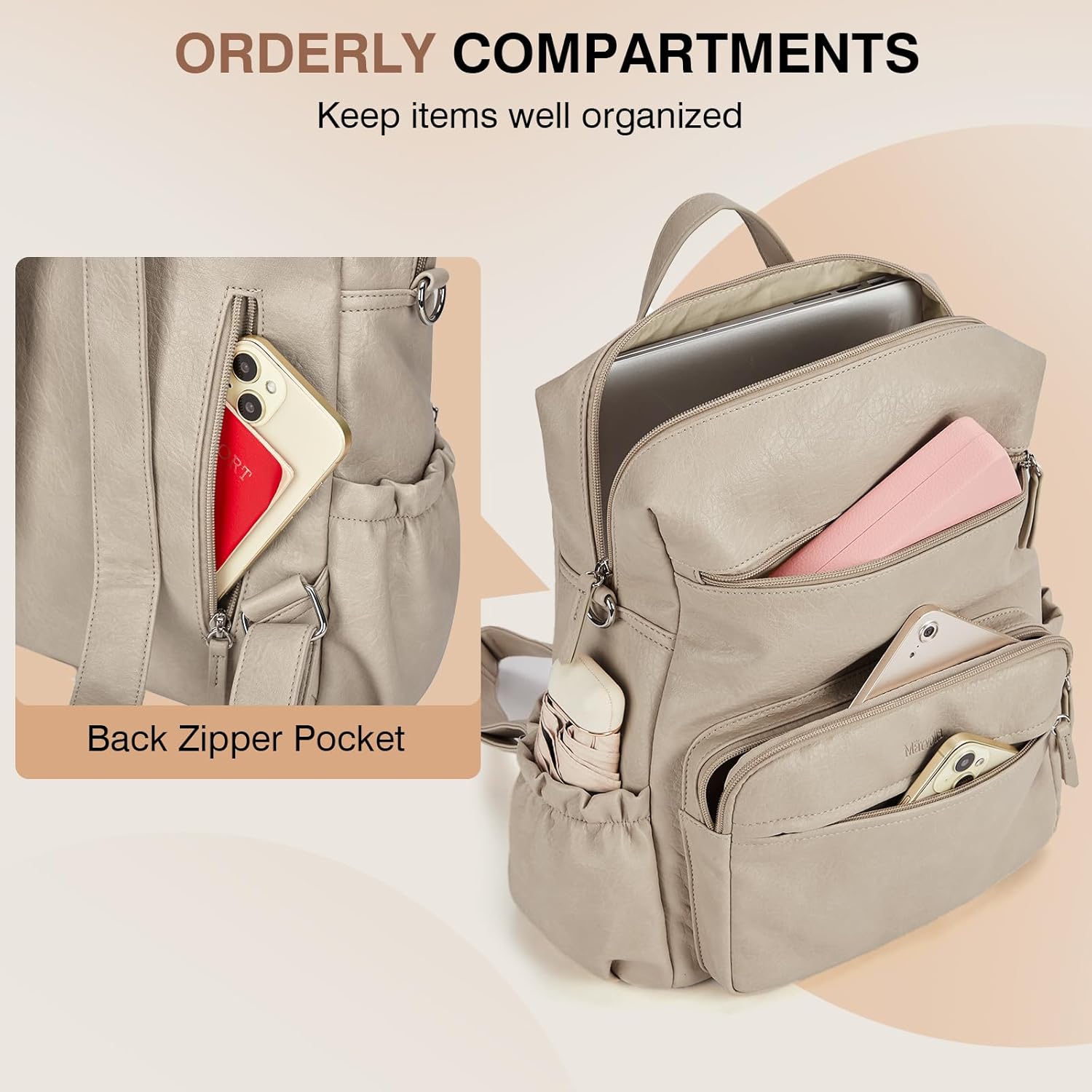 Marvolia Fashion Backpack for Women Soft Leather Backpack Purse for Ladies Shoulder Travel Daypacks Bags - Almond