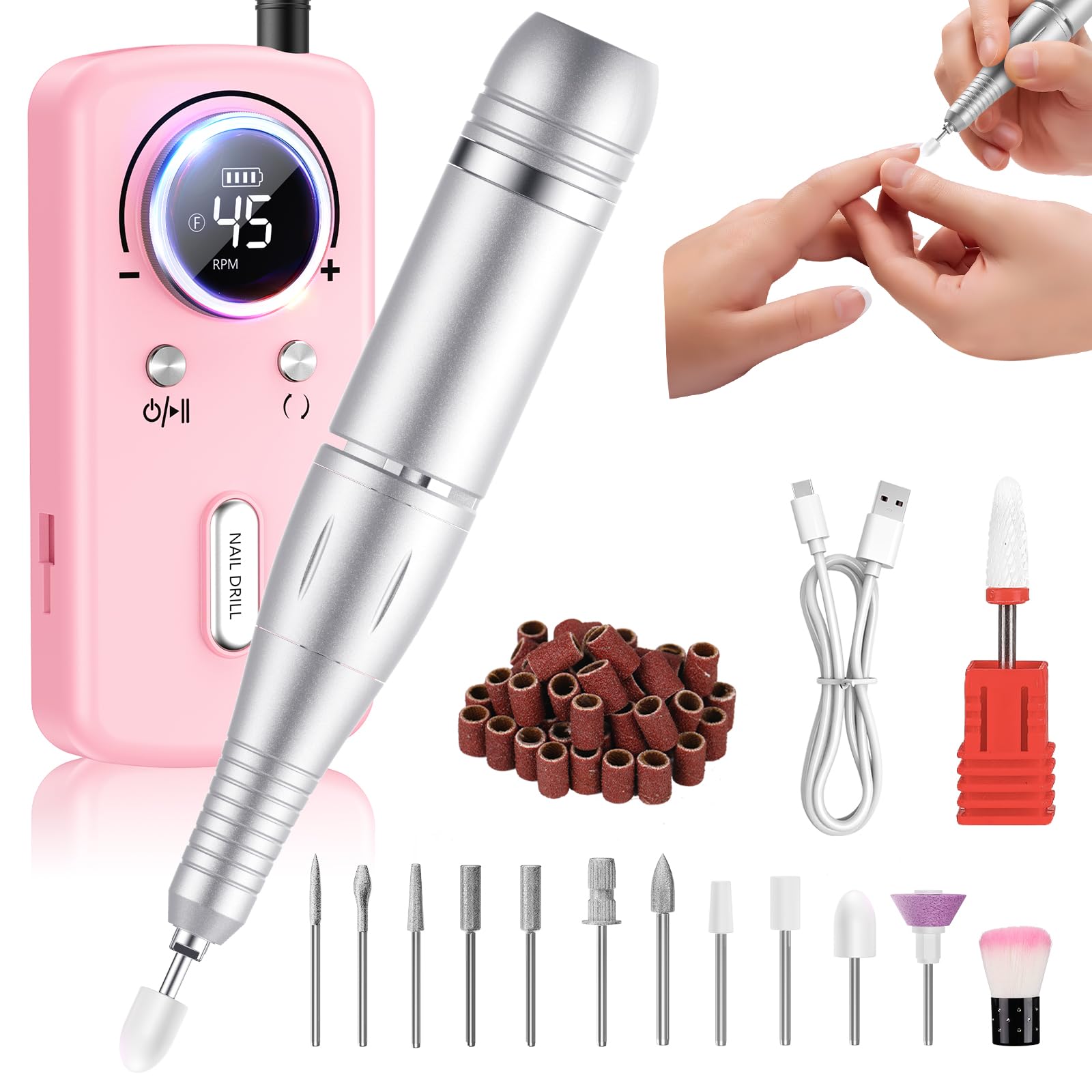 PKBD 45000RPM Professional Portable Nail Drill Machine for Gel Nails, Rechargeable Electric Nail Files Set with 11 bits and LCD Display, Pink
