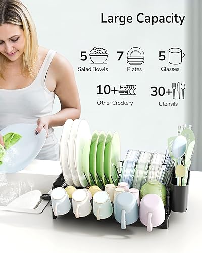 Miniatura 4 de ULG Escurridor de platos con escurridor, escurridor de platos para encimera de cocina, escurridor de platos a prueba de óxido con soporte