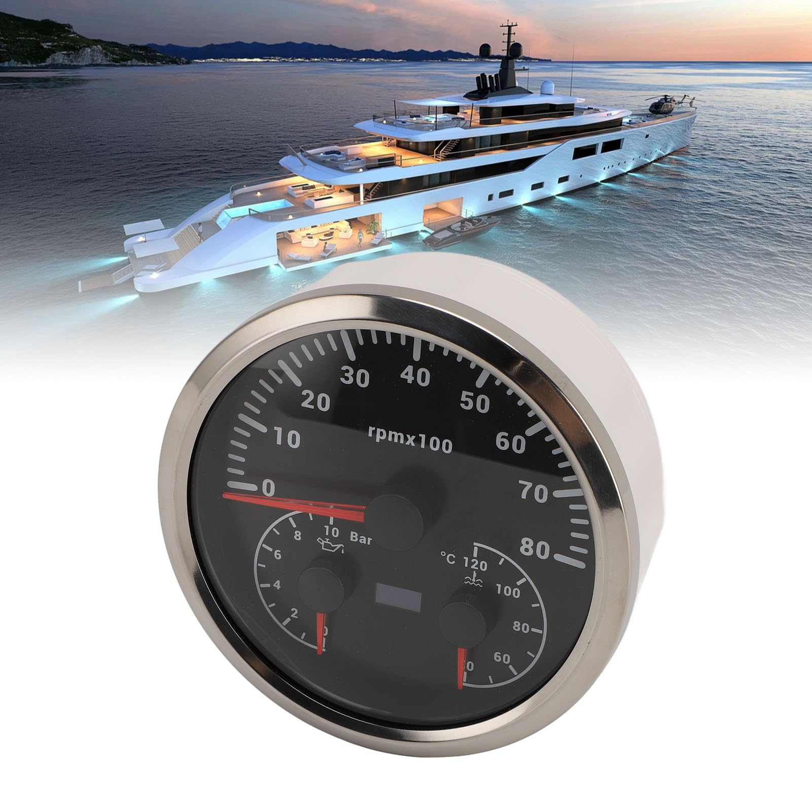 Dilwe Tacómetro Eléctrico 3 en 1, Tacómetro de Metal, Presión de Aceite, Medidor de Temperatura del Agua, 8000 RPM, 0 a 10 Bar, 104 a 248 ℉, 7 Colores Retroiluminados para RV, Yate, Camión, Barco