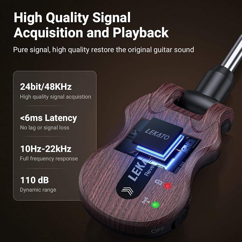 LEKATO 5.8 GHz Vezeték Nélküli Gitár Rendszer - Újratölthető Digitális Adó-Vevő Szett Elektromos Gitárhoz és Basszusgitárhoz