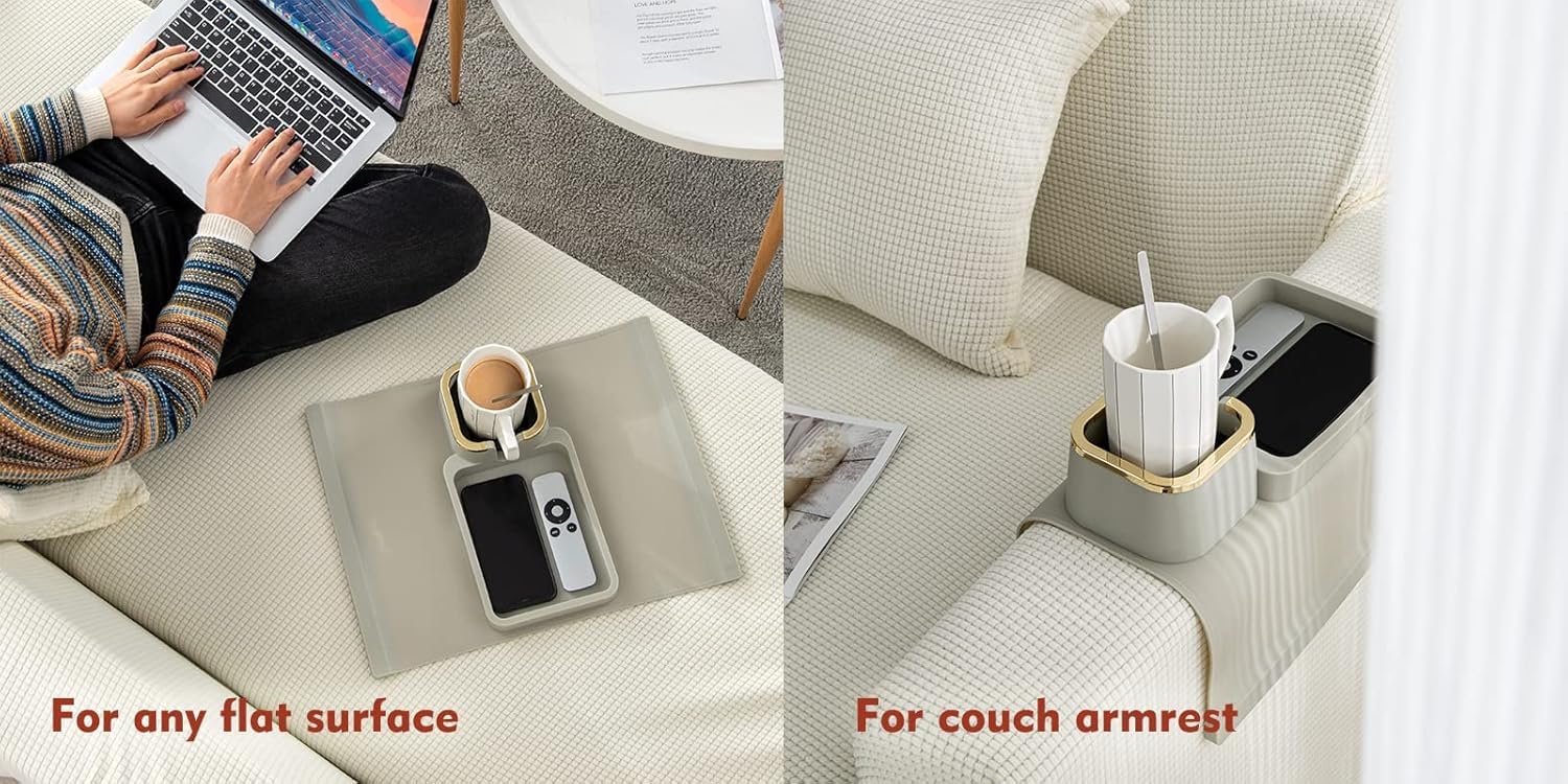 EKYLIP Couch Arm Table Tray with Phone & Tablet Holder Premium Clip-On Sofa Arm Tray for Snacks, Drinks, Remotes, and More Perfect Sofa Side Table for Living Room Comfort (Blue)