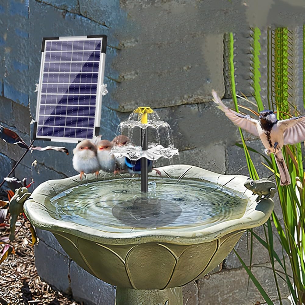 Zoegneer Pompa solare per fontana per uccelli, 6 W, 9 V, pannello policristallino con 9 ugelli e 12 luci a LED incorporate con batteria da 1500 mAh per giardino, laghetti, piscine, acqua esterna