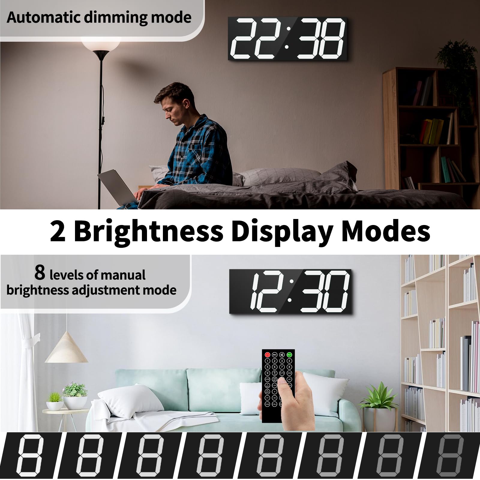 CHKOSDA Reloj de pared digital automático de 18.7 pulgadas, reloj digital LED con pantalla grande, reloj de pared multifunción con alarma y temporizador, reloj de sincronización automática de hora con