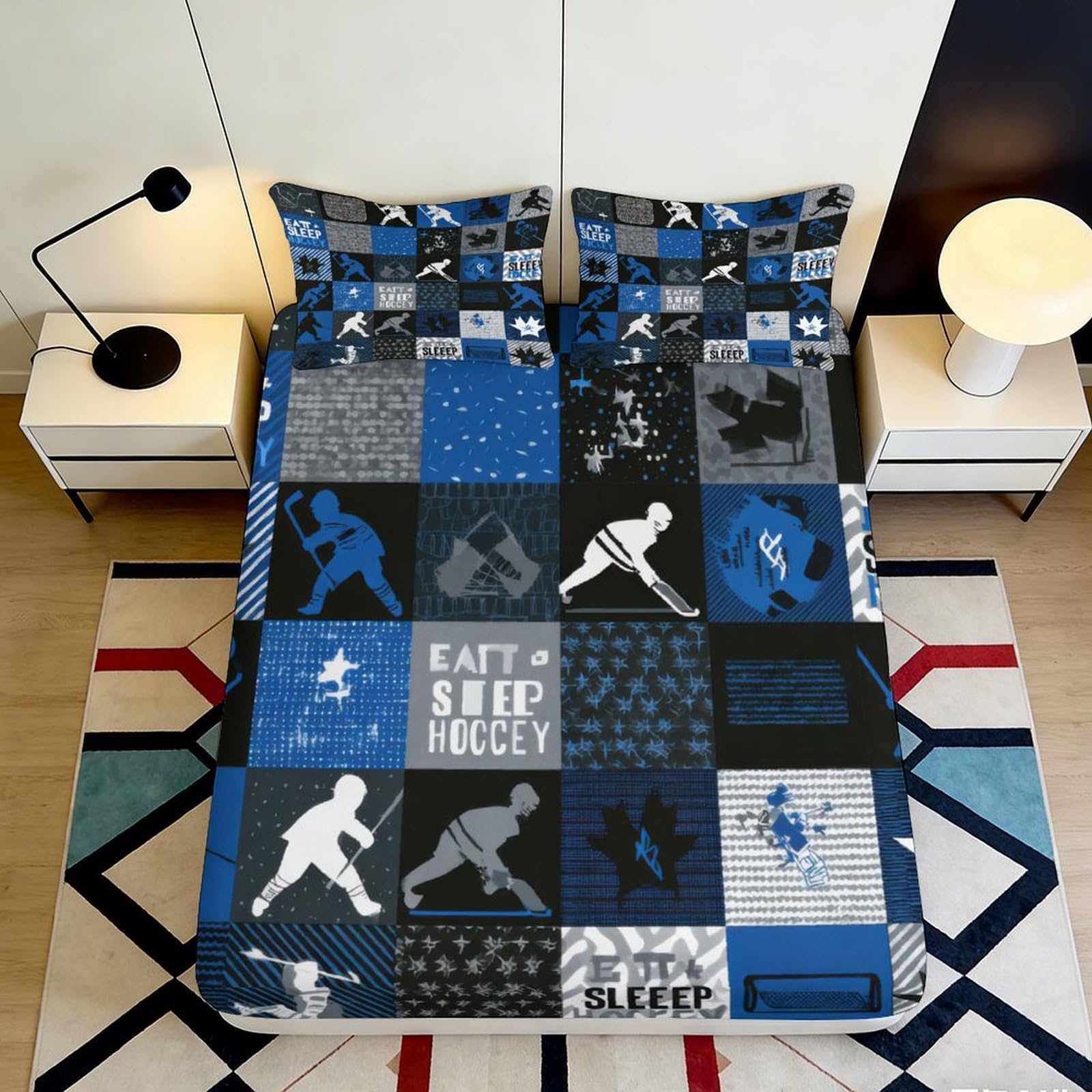 Pnayamiorkfel Style-7 3D Printed Hockey Patchwork Fitted Sheet Microfiber Blue Black Sports Mattress Cover For Bedroom Dorm Guestroom 90X200x25cm
