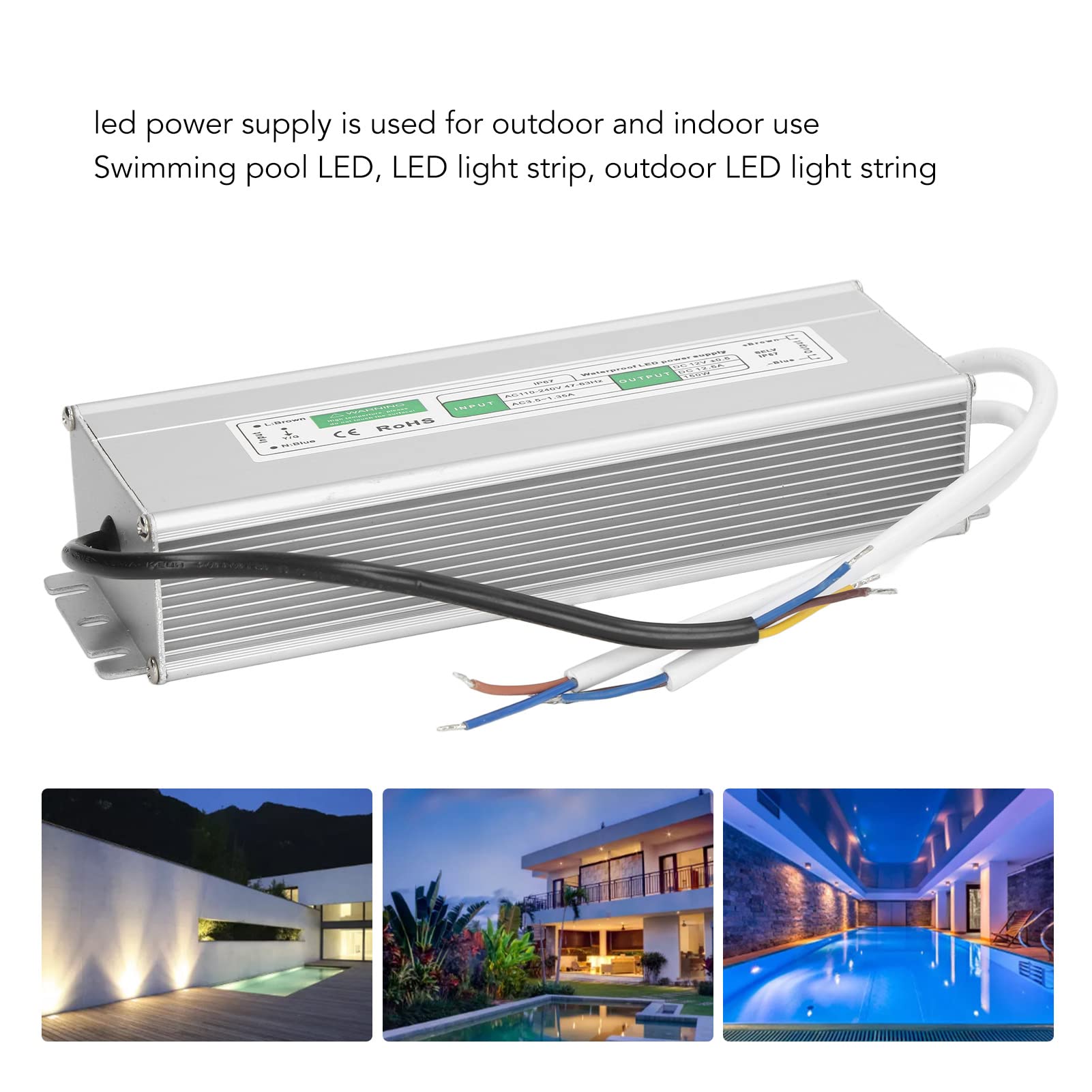 Driver LED, Adattatore per Trasformatore di Alimentazione IP67 Impermeabile da 150 Watt, Adattatore Ultra Sottile per Trasformatore a Bassa Tensione AC110-240V per Luci a LED (12V-150W)