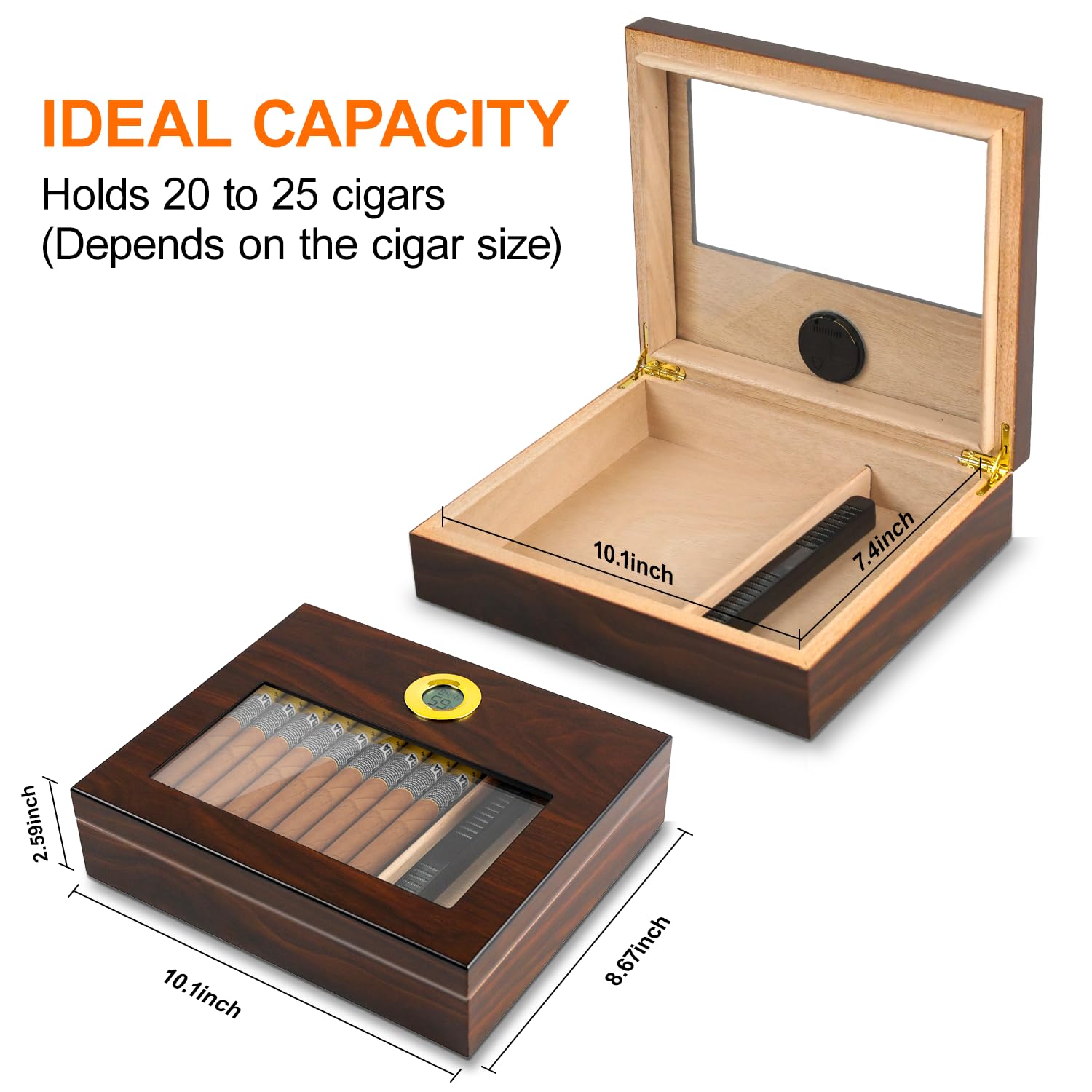JOSTART Cave à cigares, 20-25 en bois de cèdre avec humidificateur, hygromètre, cadeau de Noël ou d'anniversaire pour papa, mari, grand-père, super étanche, boîte à cigares en verre avec séparateur