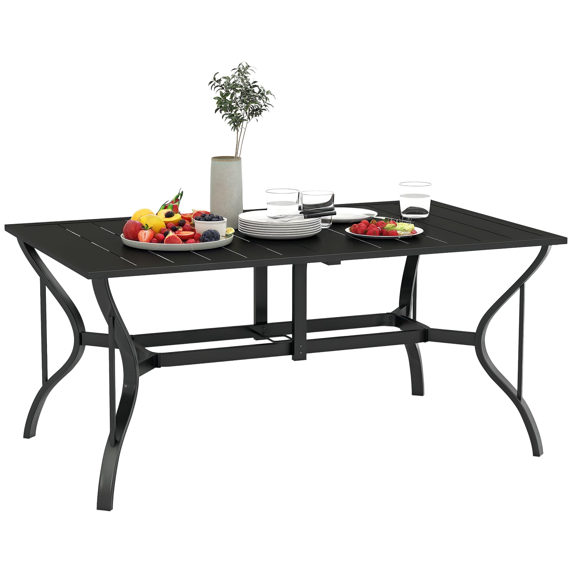 Mesa de comedor rectangular para 6 personas, mesa rectangular de acero con agujero para paraguas, marco de acero para jardín, balcón, color negro
