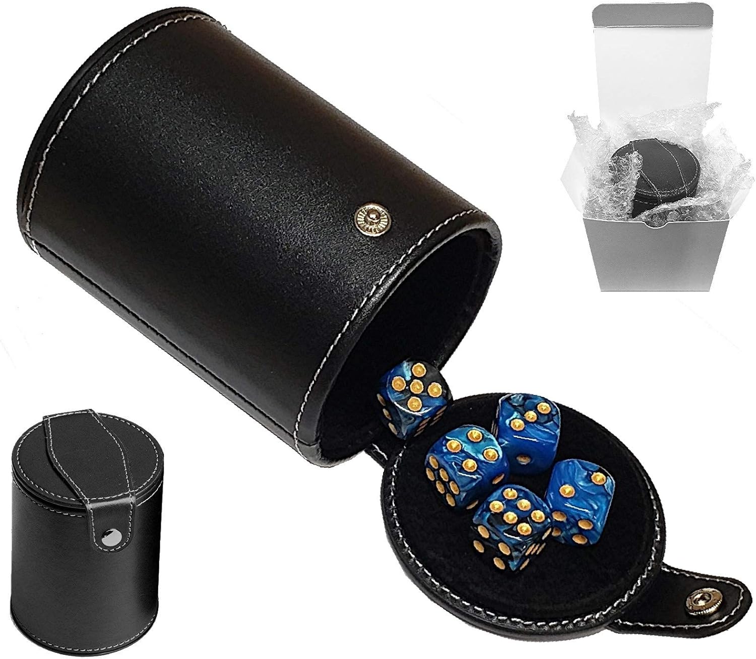 Set of Dice Cup with Storage Compartment Black PU Leather Black Felt Lined + (5) 16mm Pearlized Dual-Color Rounded Corners Dice (Gift Boxed) (Blue/Black, Gold Pips)