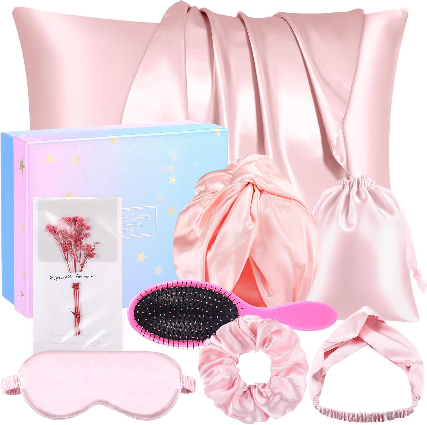 Tiamon Satin Pillowcase Gift Set for Hair Skin Women Hair Care Spa Accessories Luxury Sleeping 8Pcs Set with Silk Pillowcases Eye Mask for Women Wife Girls Birthday Christmas (Pink)