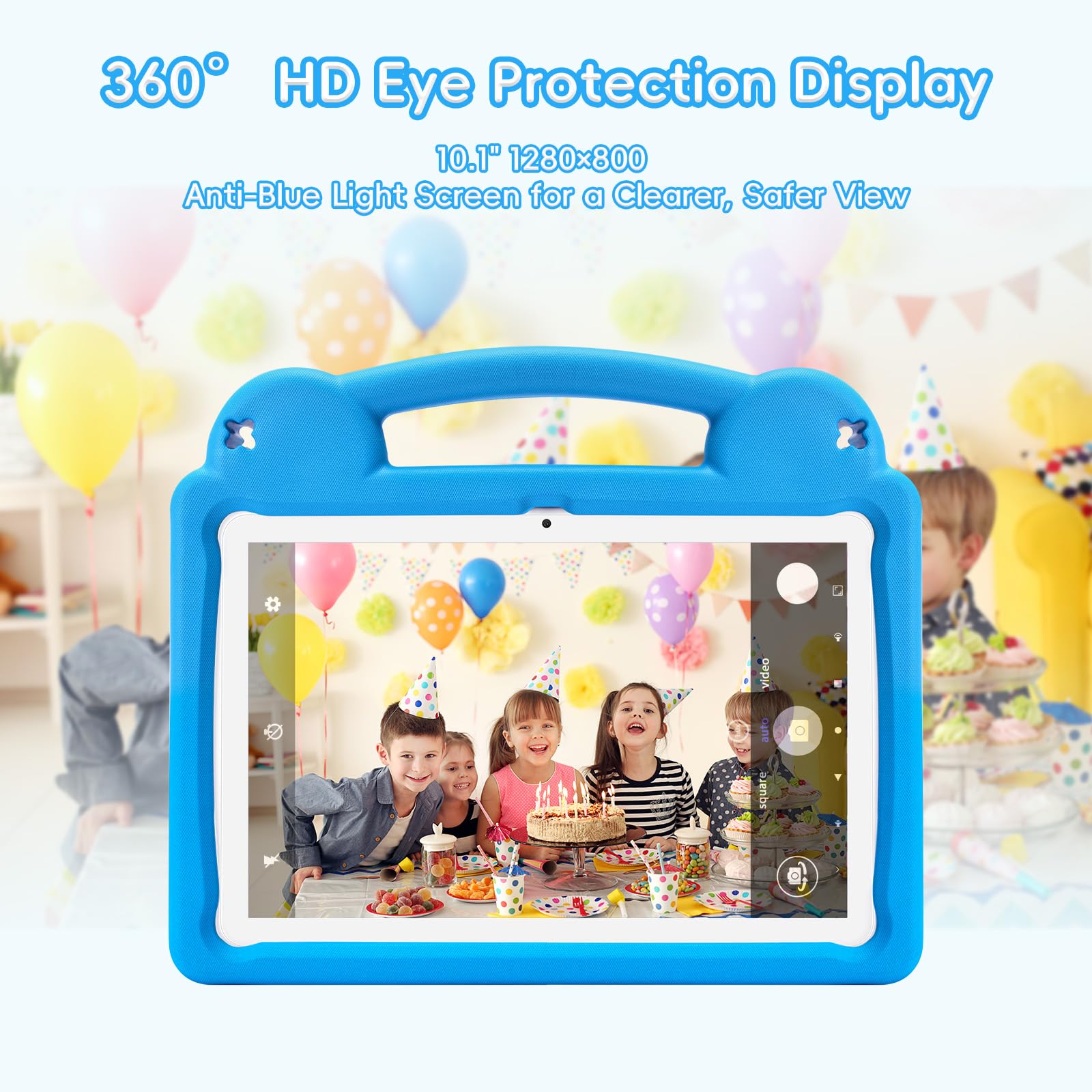 Tablet per bambini da 10,1 pollici, Android 15, con Octa-Core A523, 8 GB+64 GB, batteria 5000 mAh, Wi-Fi 6, controllo genitori, certificato GMS, con custodia in EVA blu