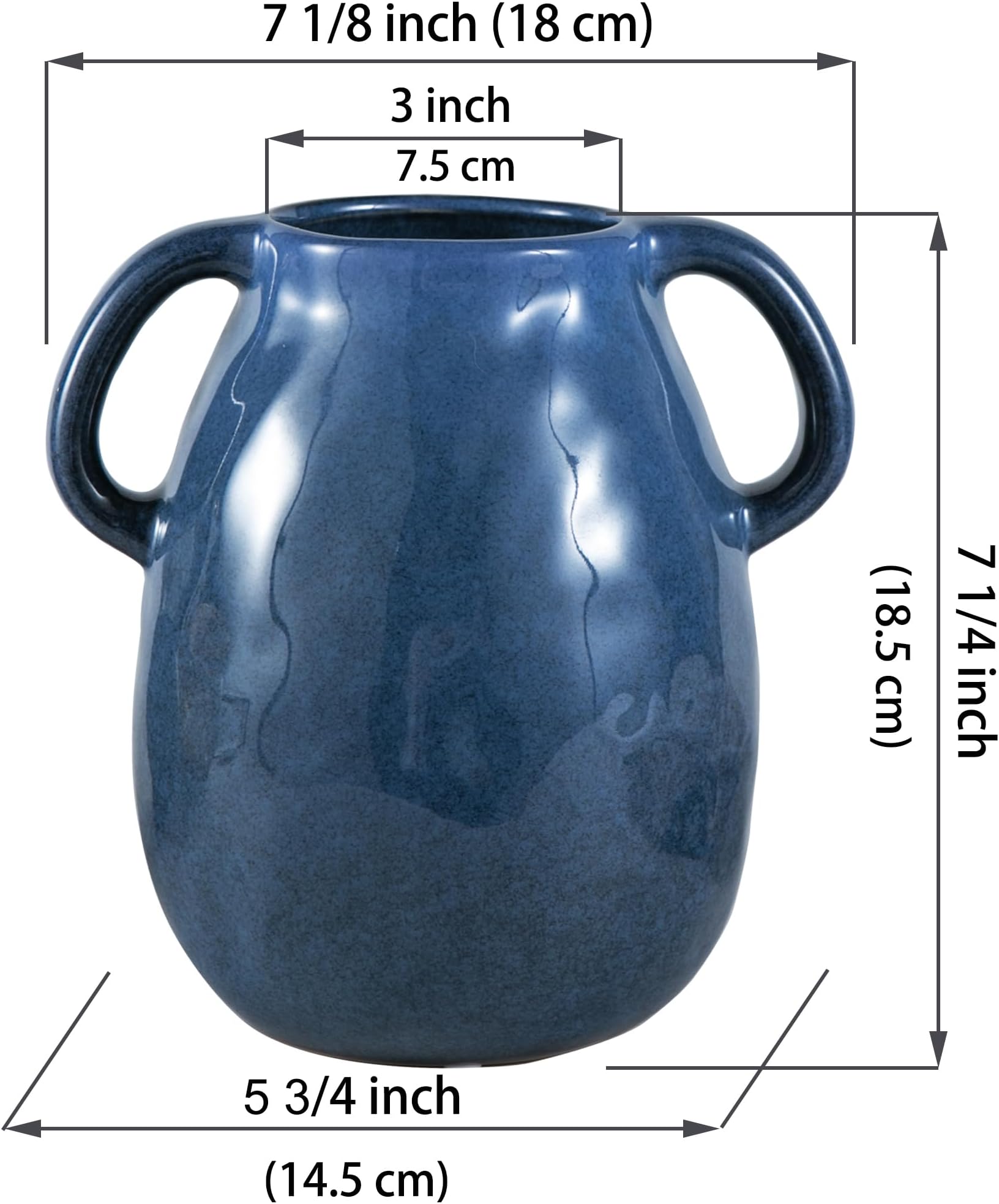 Blue Ceramic Vase with 2 Handles - Modern Farmhouse Rustic Terracotta Decorative Clay Boho Vase for Pampas Grass and Home Decor