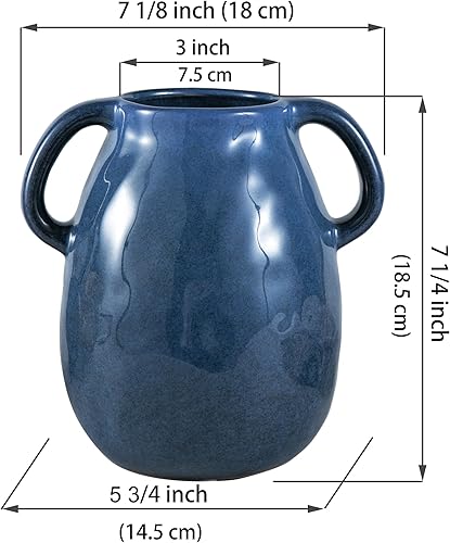 Miniatura 6 de Kimdio Jarrón de cerámica azul con 2 asas, moderno jarrón de granja para decoración del hogar, jarrón de cerámica rústica, florero decorativo de