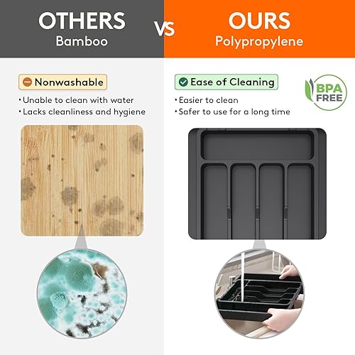 Miniatura 8 de Lifewit Organizador de cajones de cubiertos, bandeja expandible para utensilios de cocina, soporte para vajilla y cubiertos libre de BPA, Negro