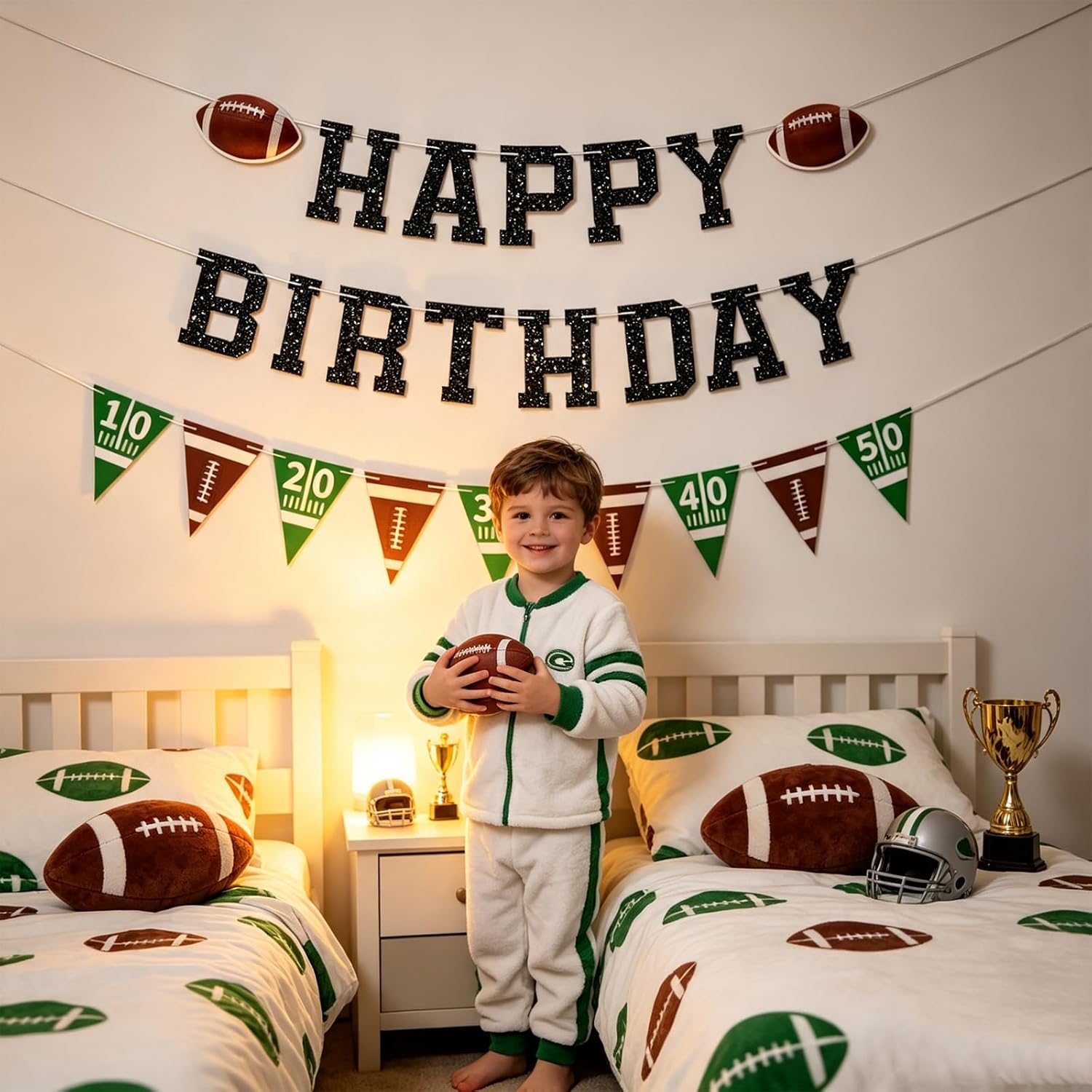 Football Happy Birthday Banner, Glitter Black Football Birthday Party Decorations for Kids Teenagers Boys Men Sports Theme Bday Party Decor Supplies, No DIY.
