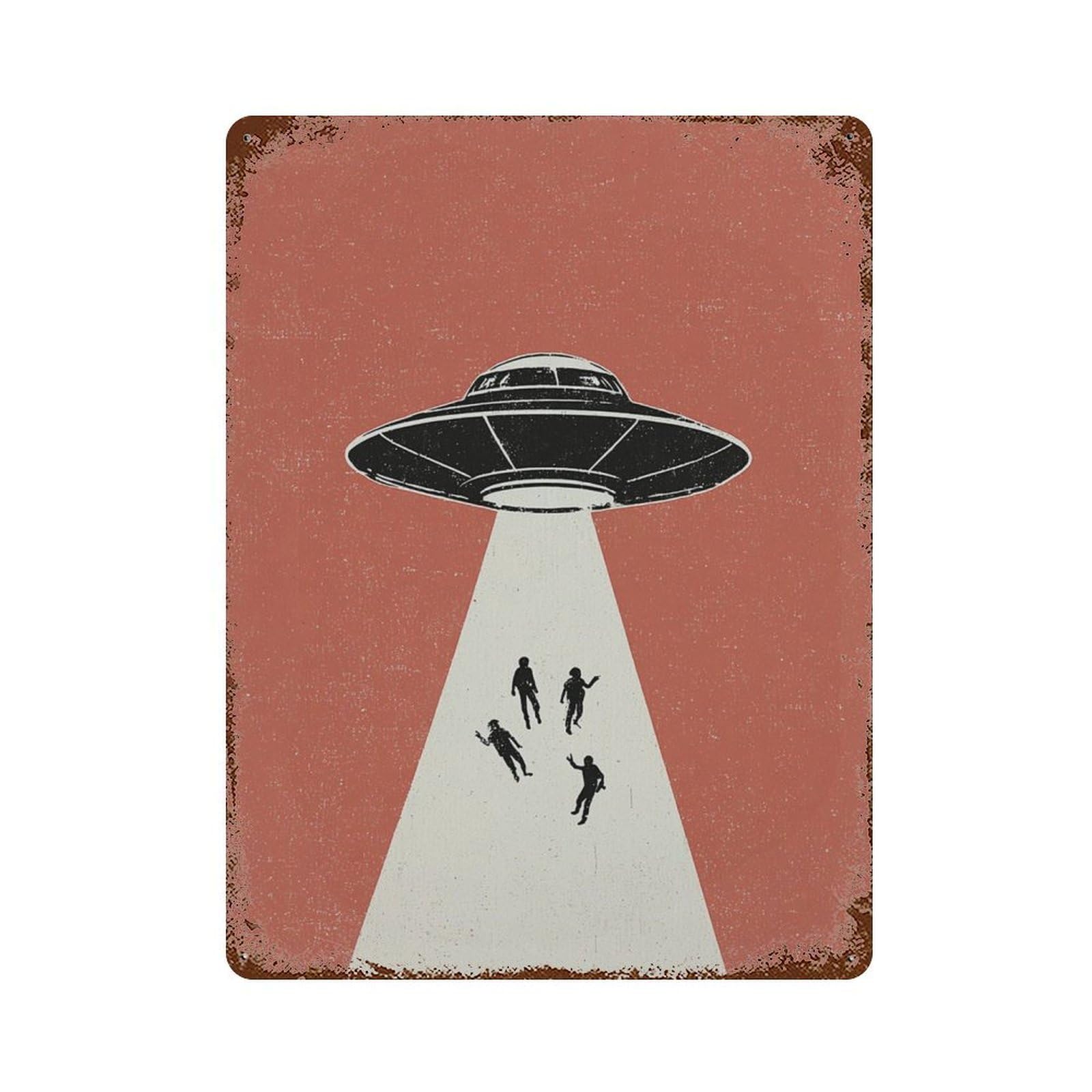 xiaoxiaoshen Retro UFO Abduction Minimalist Red Black Funny Alien Sci Wall Decor Art Metal Tin Poster Modern Home Decor Art Home Bar Shop Decorations Vintage Sign 40x30cm