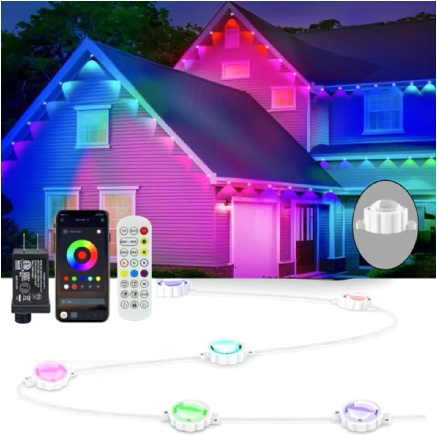 Permanent Outdoor Lights,Smart RGB Outdoor Lights with Remote APP Control, 100 Ft with 72 LED IP67 Waterproof Outside Light for House for Holiday, Party, Dailyy(unconnectable)