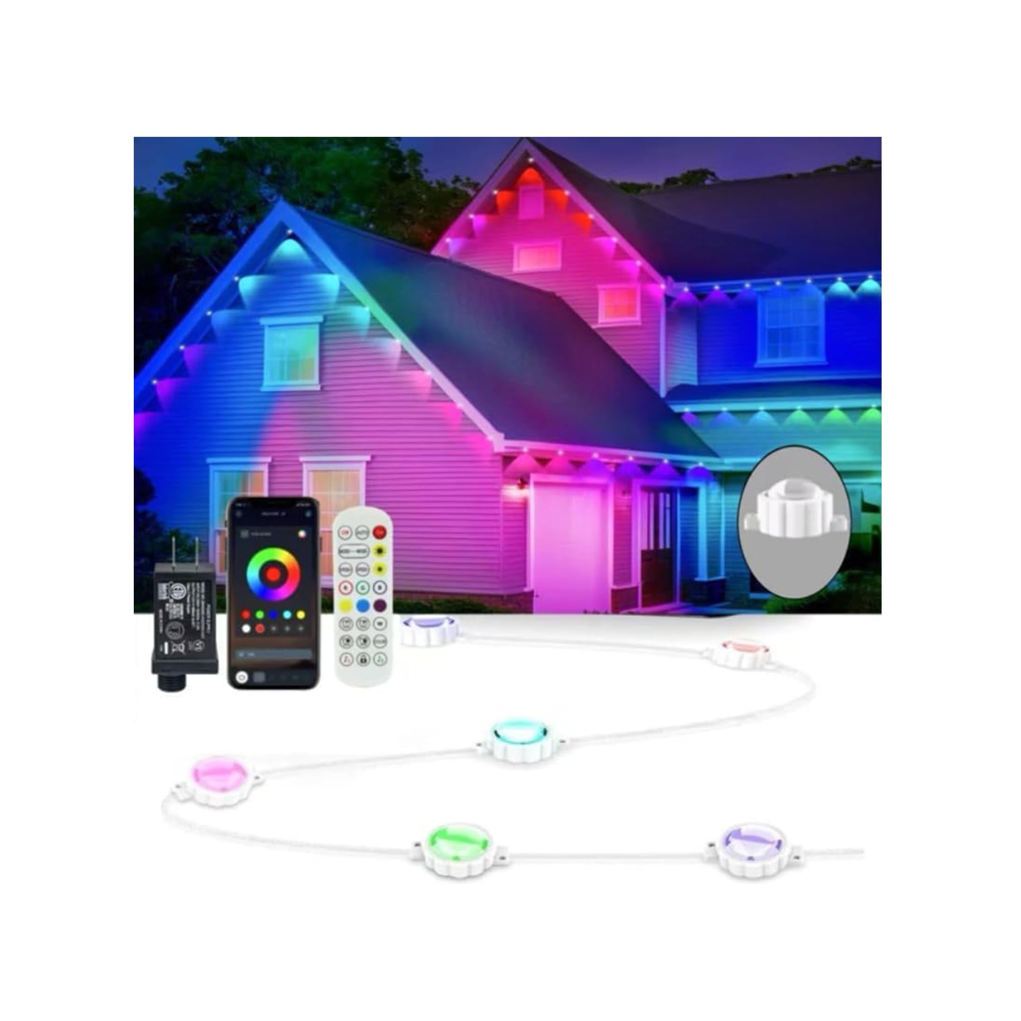 Dauerleuchten Außen 16.5M Smart Outdoor Weihnachtsbeleuchtung mit RGBCW 36 LED IP67 Wasserdicht Traufenbeleuchtung mit 213 Modi für Halloween Weihnachten Geburtstag Urlaub Party APP/Fernbedienung