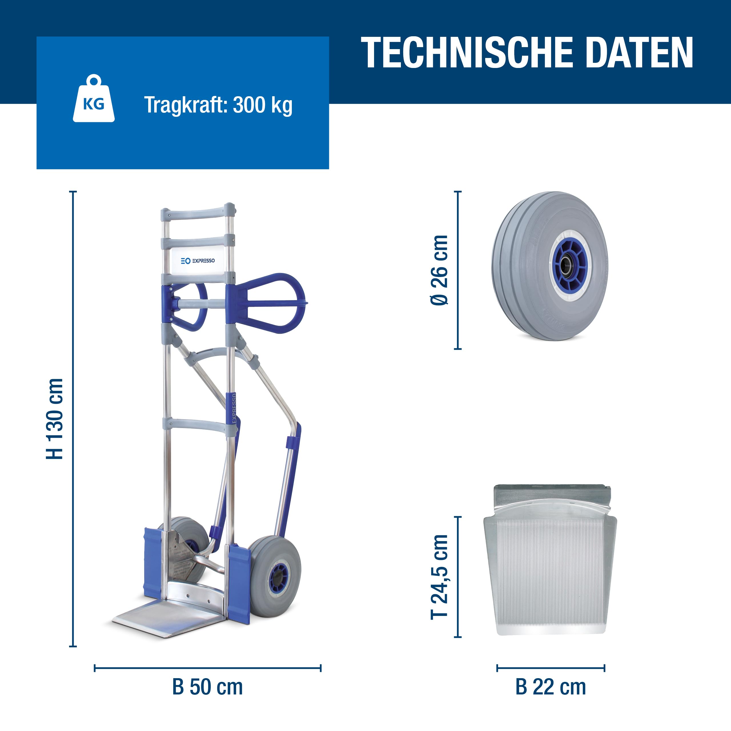 Vollmontierte EXPRESSO Alu Profi- Sackkarre für Getränkekisten & Elektrogeräte AE24381125 / 250kg / pannensichere Vollgummireifen/Schaufel L 24,5 x B 22 cm