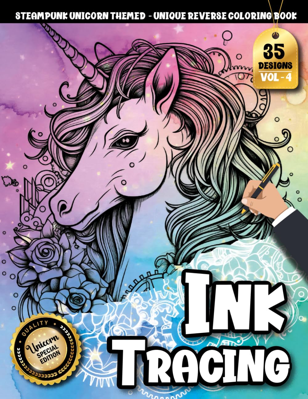 Ink Tracing Book For Adults: Intricate Steampunk Unicorn Illustrations With Watercolor Backgrounds for Relaxing Tracing and stress relief (Steampunk Unicorn Tracing Series)
