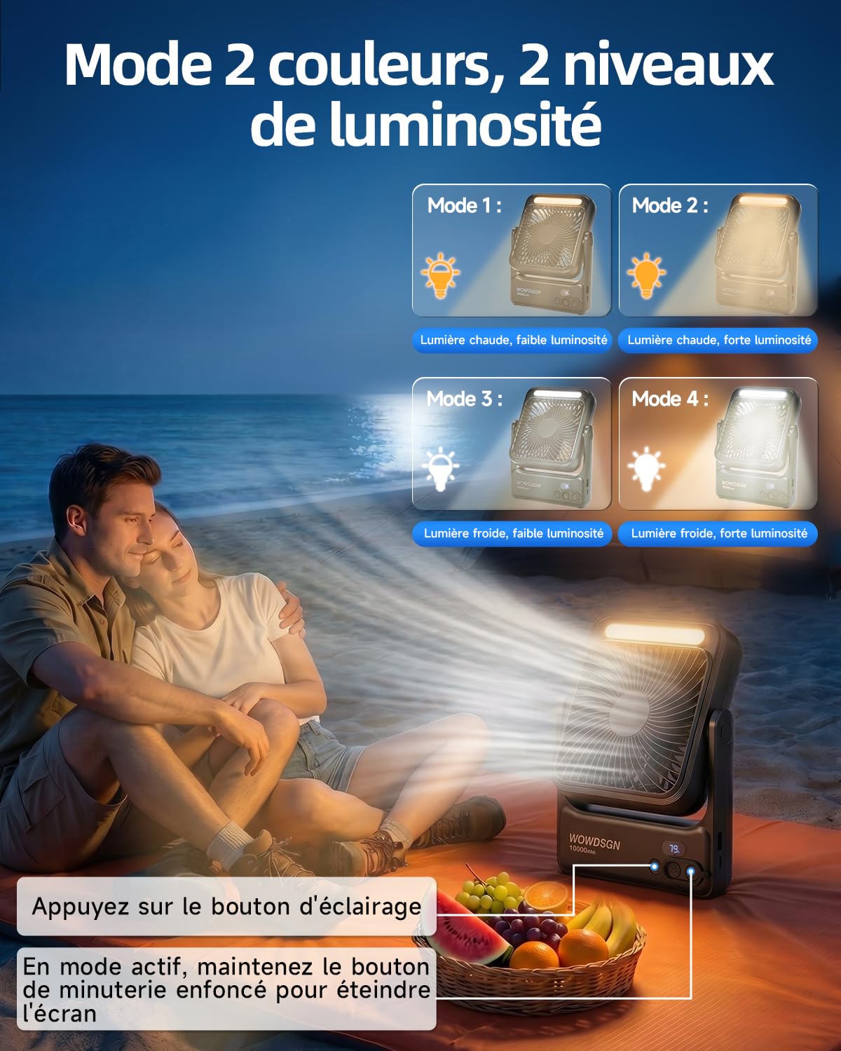 WOWDSGN Ventilateur portable, 10000 mAh Rechargeable Batterie, avec Télécommande, Fixation Magnétique et Suspendue, 4 Vitesses, Timing, Rotation 135°, Pour Camping, Bureau (Noir, Éclairage LED)