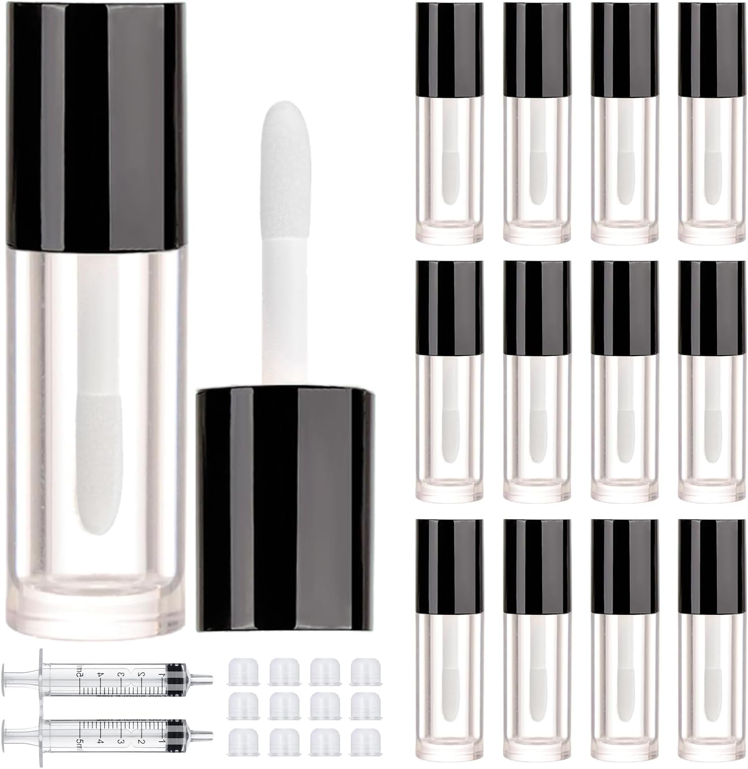 2.5ml 12 PCS Empty Lip Gloss Tubes with Wand Lip Gloss Containers Cute 0.08oz Clear Refillable Lipgloss Making Supplies Kit for DIY Makeup+ 2pcs Syringes (Black)