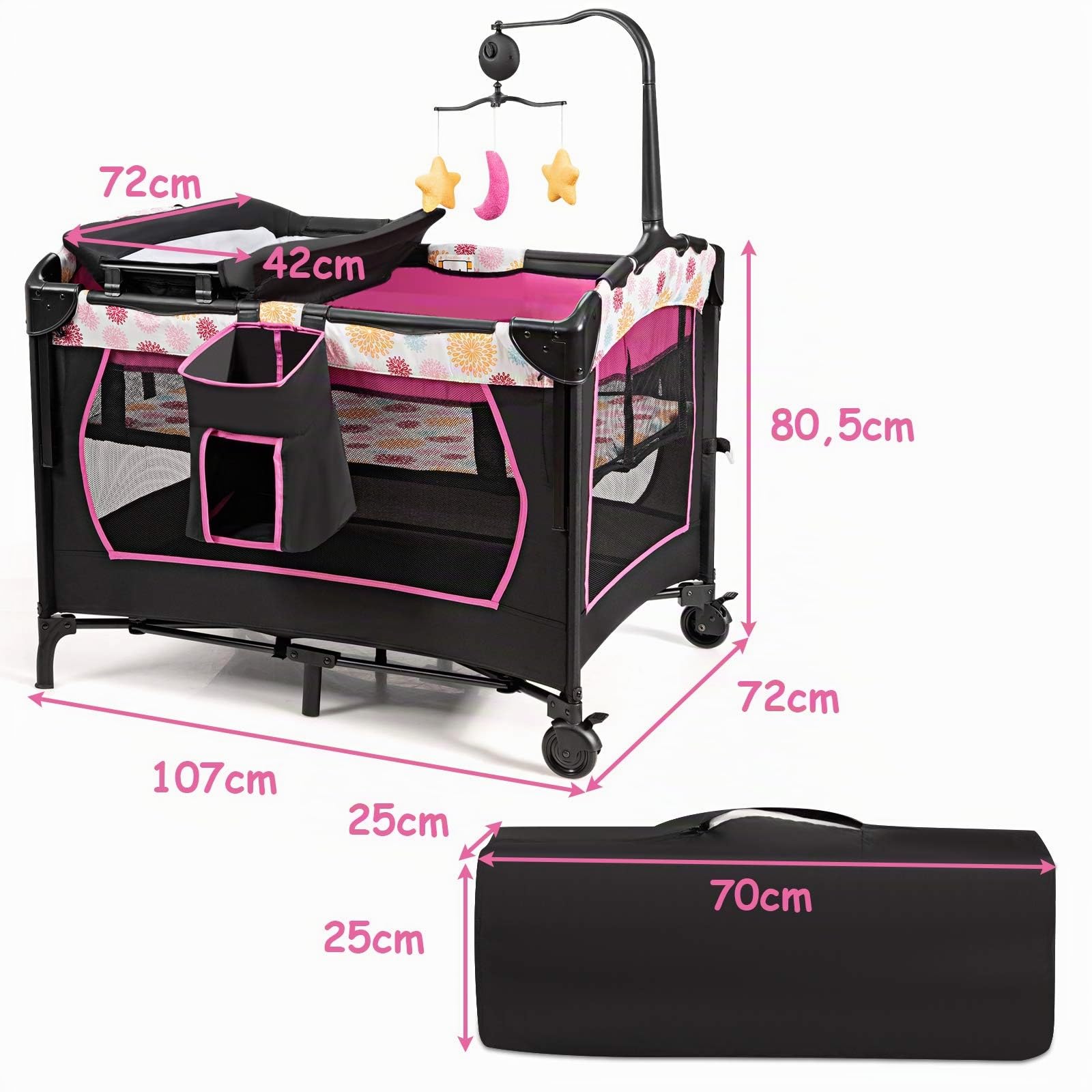 COSTWAY 3 in 1 Lettino da Campeggio per Bambini, Culla per Neonati con Materasso Pieghevole, Fasciatoio, Giocattoli e Ruote, Box per Bambini 0-36 Mesi, 107 x 72 x 119 cm (Rosa)