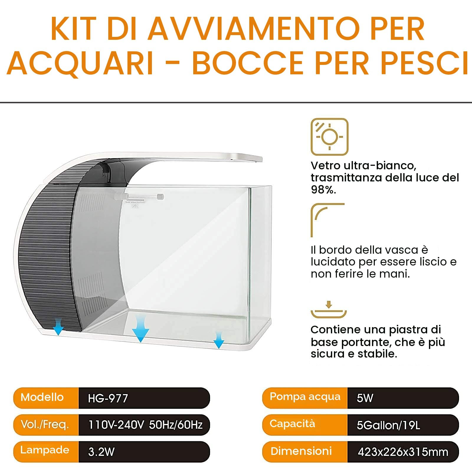 hygger Acquario 19 Litri, Acquario per Pesci con 3.2W Luce Led, 5W Pompa Acqua, Scatola Filtraggio Nascosta, Bocca d'anatra Uscita, Copertura in Vetro