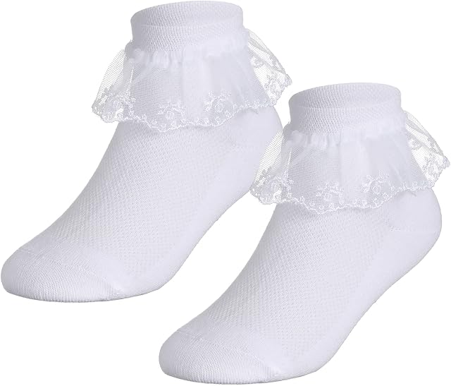 Geyoga 3 Pairs Girls Frilly White Socks Lace Cute for Age 5-7 Toddler Holy Communion School Socks Girls Socks Ankle Frilly Socks Ballet Socks