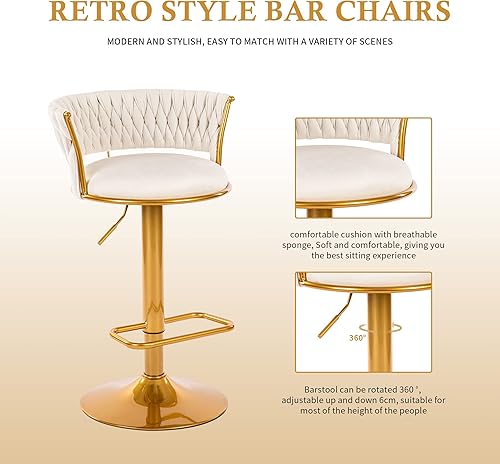 Miniatura 4 de jonpony Juego de 2 taburetes de bar de terciopelo tejido, altura de mostrador ajustable con cojín grueso, sillas de cocina tapizadas tejidas con