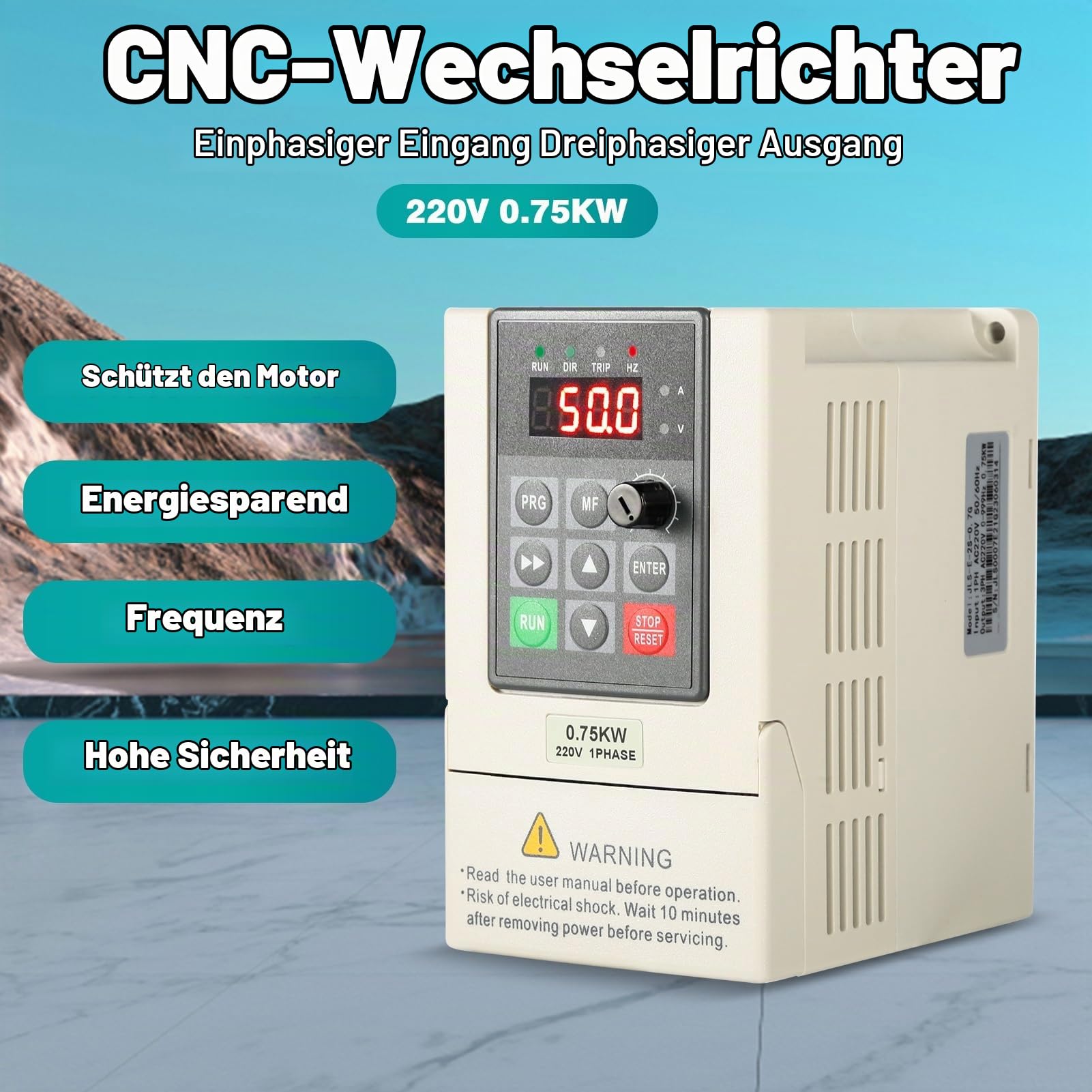 Frequenzumrichter 230V 0.75KW VFD Motordrehzahlregler 1 Phasen Eingang 3 Phasen Ausgang CNC Numerisch Gesteuerter Frequenzumrichter mit 2M Verlängerungskabel.